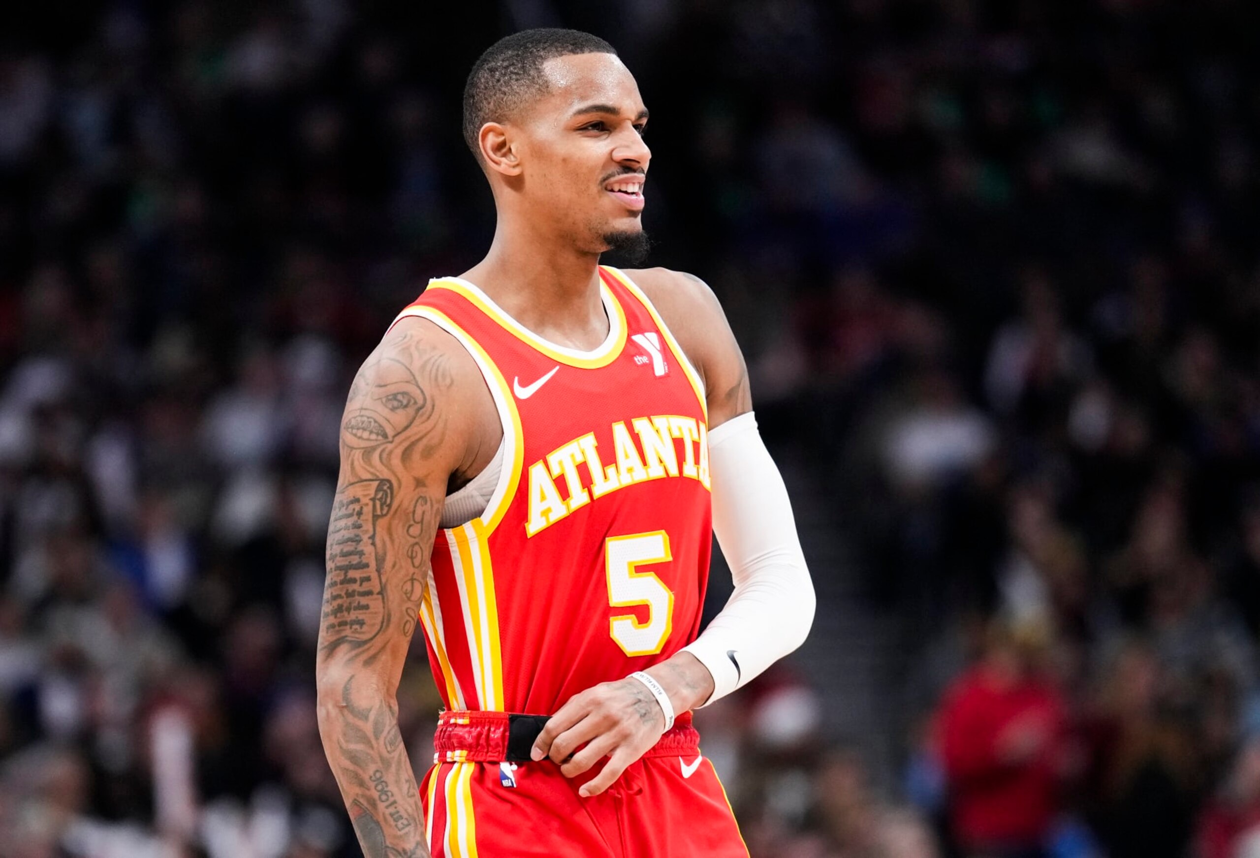 TORONTO, ON - DECEMBER 15: Dejounte Murray #5 of the Atlanta Hawks looks on against the Toronto Raptors during the second half of their basketball game at the Scotiabank Arena on December 15, 2023 in Toronto, Ontario, Canada. NOTE TO USER: User expressly acknowledges and agrees that, by downloading and/or using this Photograph, user is consenting to the terms and conditions of the Getty Images License Agreement. (Photo by Mark Blinch/Getty Images)