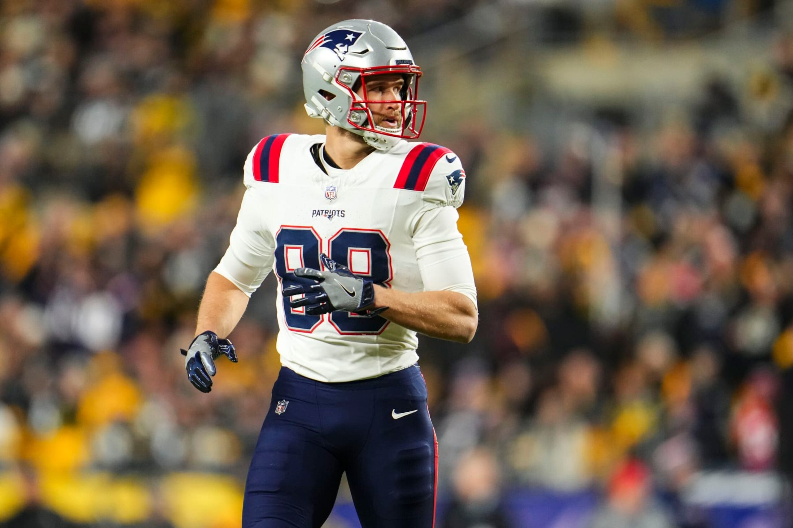 PITTSBURGH, PA - DECEMBER 07: Mike Gesicki #88 of the New England Patriots looks on from the field during an NFL football game against the Pittsburgh Steelers at Acrisure Stadium on December 7, 2023 in Pittsburgh, Pennsylvania. (Photo by Cooper Neill/Getty Images)