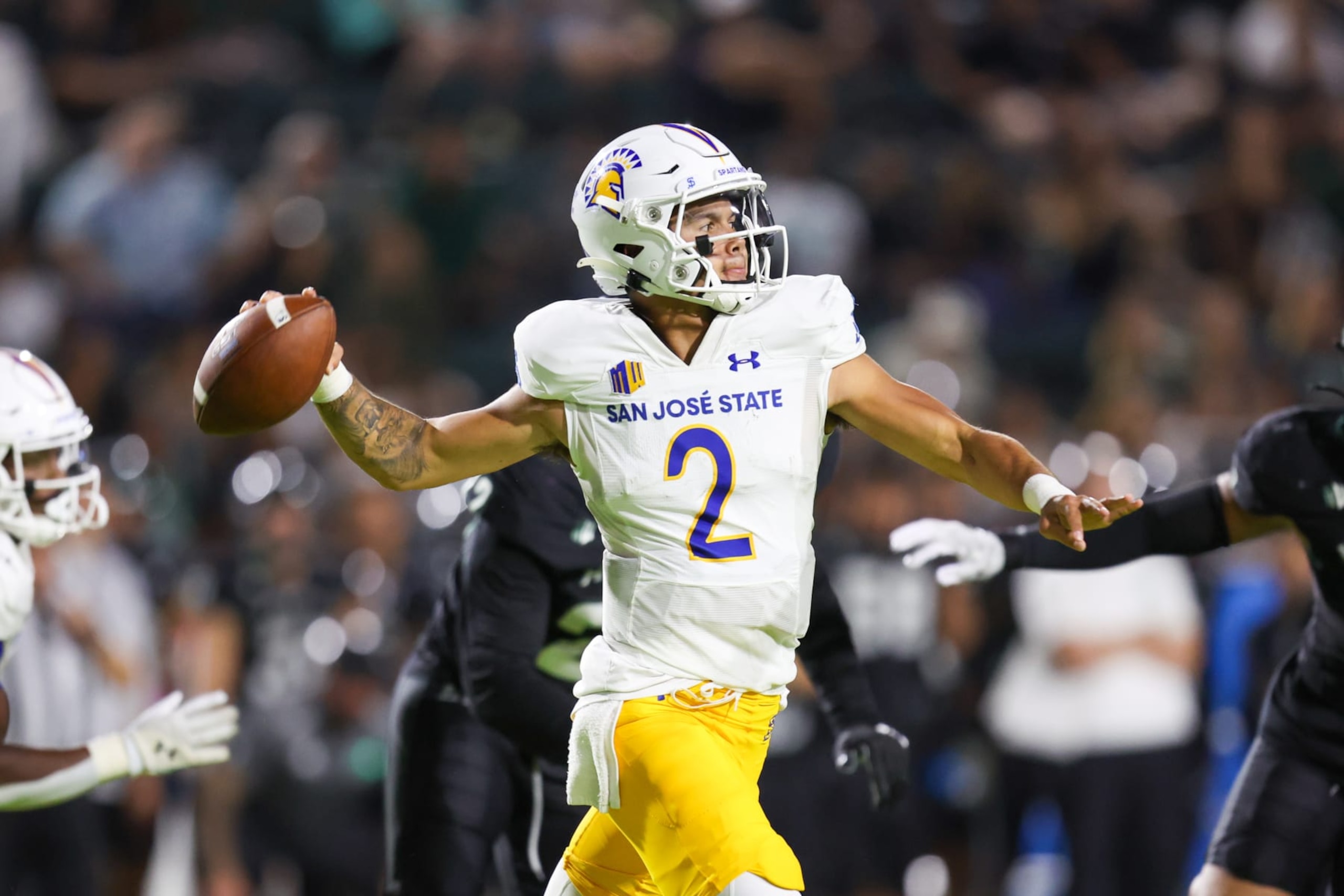 HONOLULU, HAWAII - OCTOBER 28:  Chevan Cordeiro #2 of the San Jose State Spartans fires a pass downfield during the first half of the game against the Hawaii Rainbow Warriors at Clarence T.C. Ching Athletics Complex on October 28, 2023 in Honolulu, Hawaii. (Photo by Darryl Oumi/Getty Images)