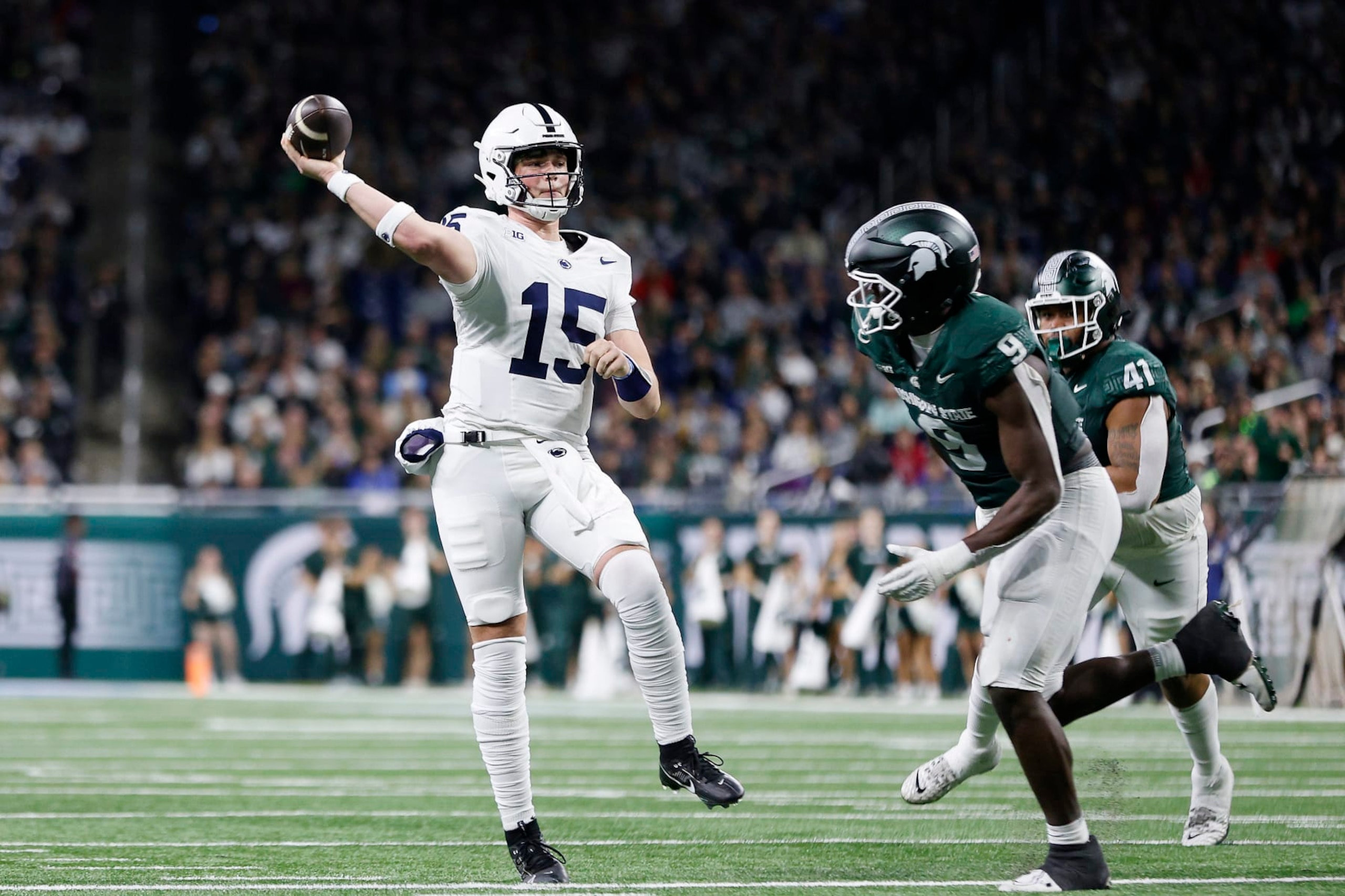 DETROIT, MICHIGAN - NOVEMBER 24: Drew Allar #15 of the Penn State Nittany Lions throws a pass in the second quarter of a game against the Michigan State Spartans at Ford Field on November 24, 2023 in Detroit, Michigan. (Photo by Mike Mulholland/Getty Images)