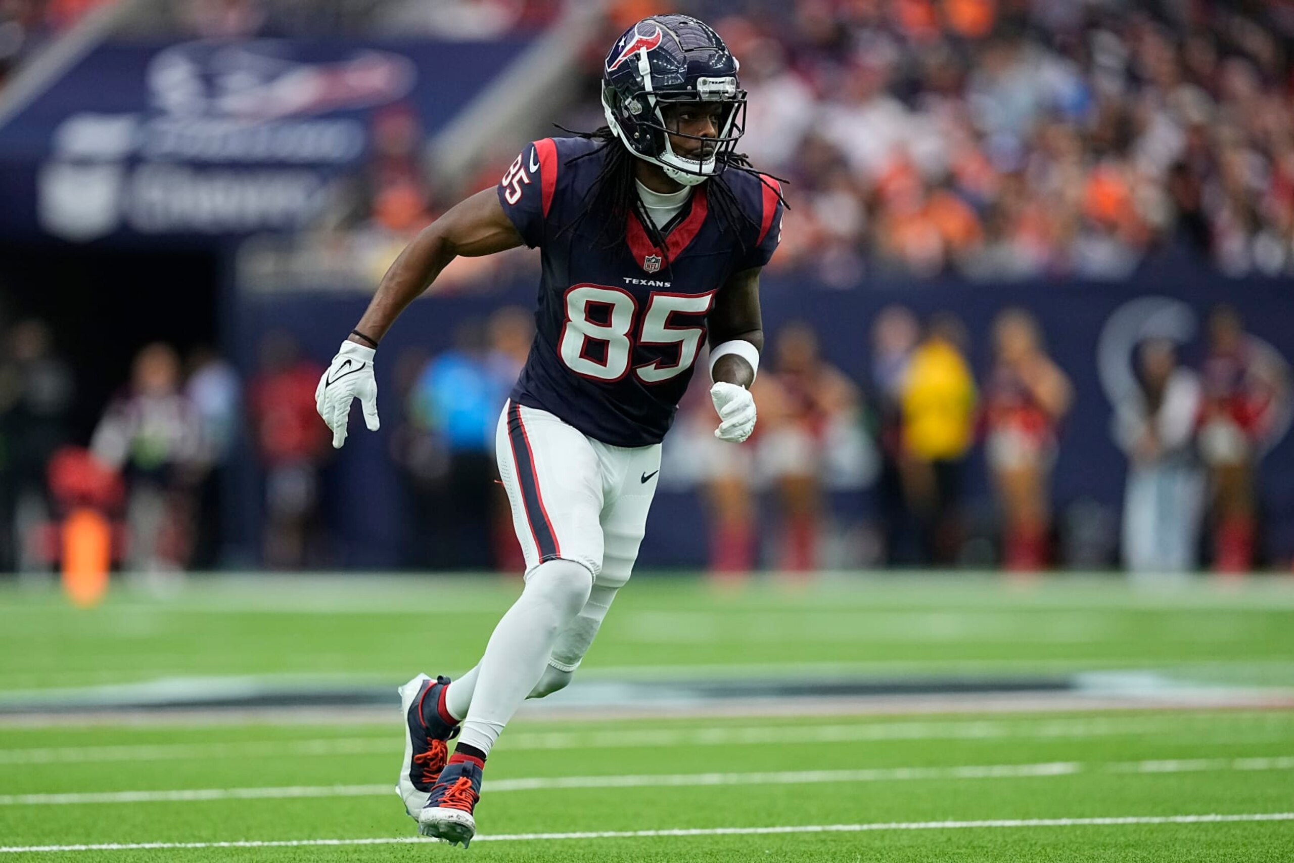 HOUSTON, TEXAS - DECEMBER 03: Noah Brown #85 of the Houston Texans runs during the first half against the Denver Broncos at NRG Stadium on December 03, 2023 in Houston, Texas. (Photo by Sam Hodde/Getty Images)