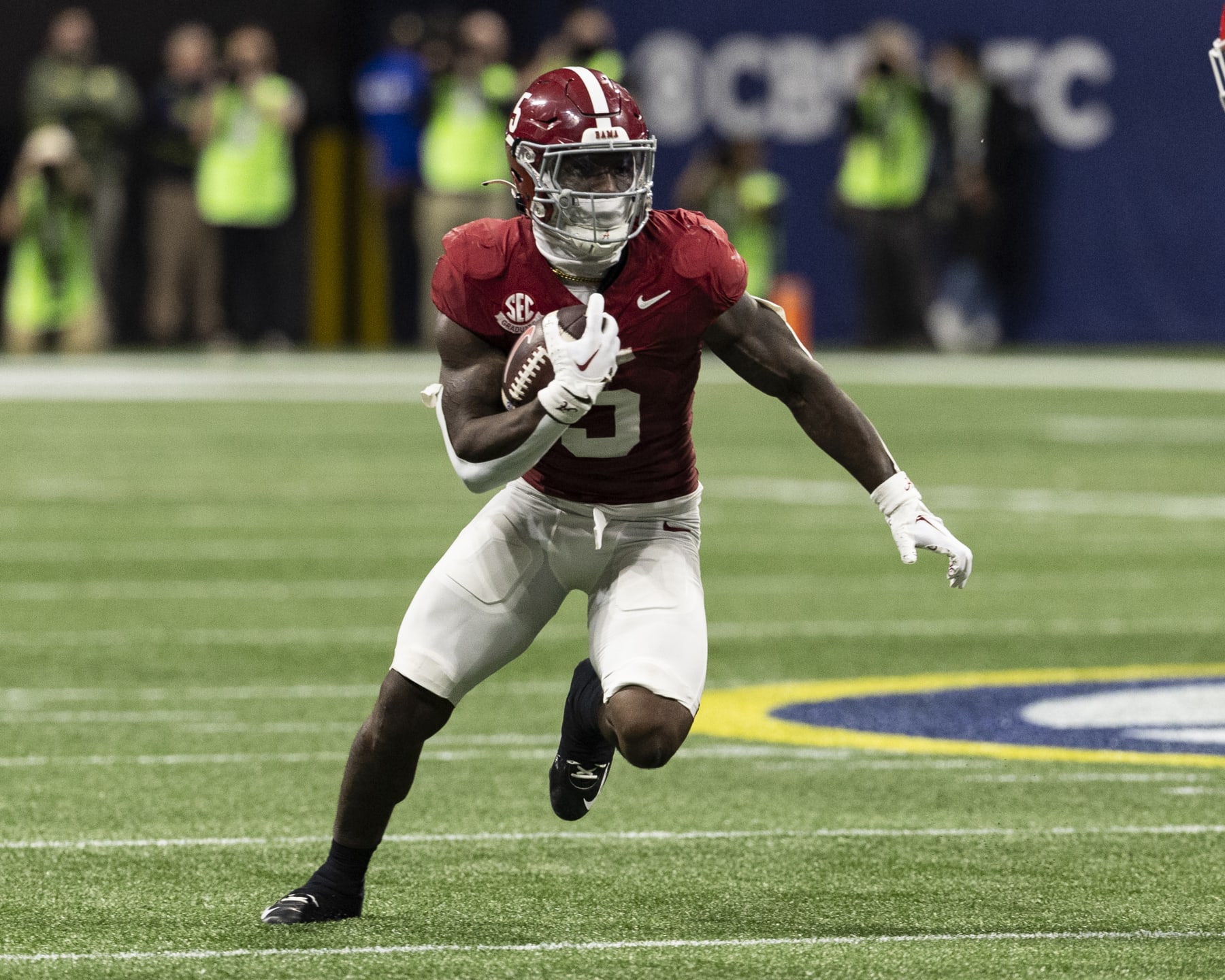 ATLANTA, GEORGIA - DECEMBER 2: Roydell Williams #5 of the Alabama Crimson Tide runs with the ball during a game between University of Georgia and University of Alabama at Mercedes-Benz Stadium on December 2, 2023 in Atlanta, Georgia. (Photo by Steve Limentani/ISI Photos/Getty Images)