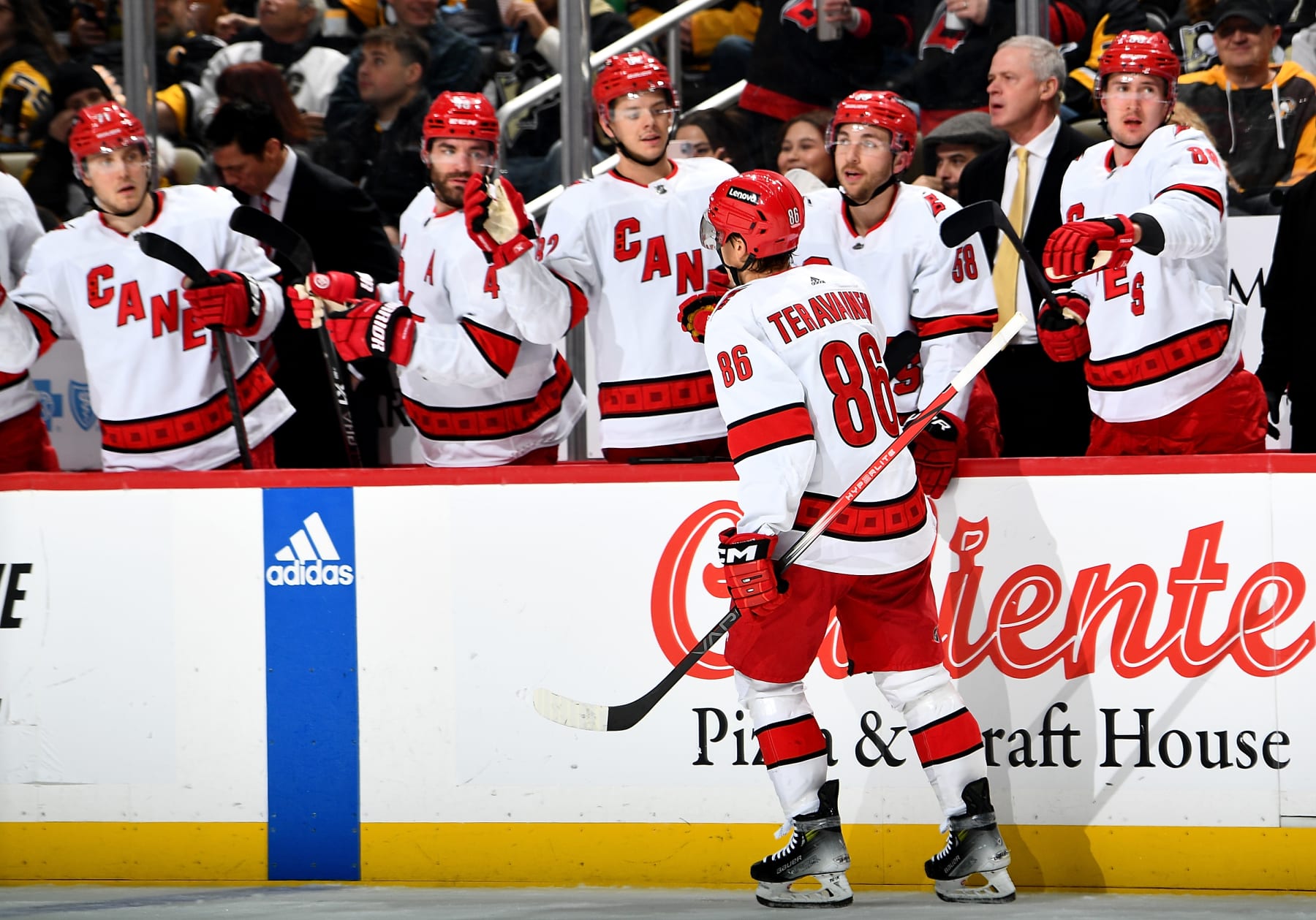 PITTSBURGH, PA - DECEMBER 21:  Teuvo Teravainen #86 of the Carolina Hurricanes celebrates his second period goal against the Pittsburgh Penguins at PPG PAINTS Arena on December 21, 2023 in Pittsburgh, Pennsylvania. (Photo by Joe Sargent/NHLI via Getty Images)