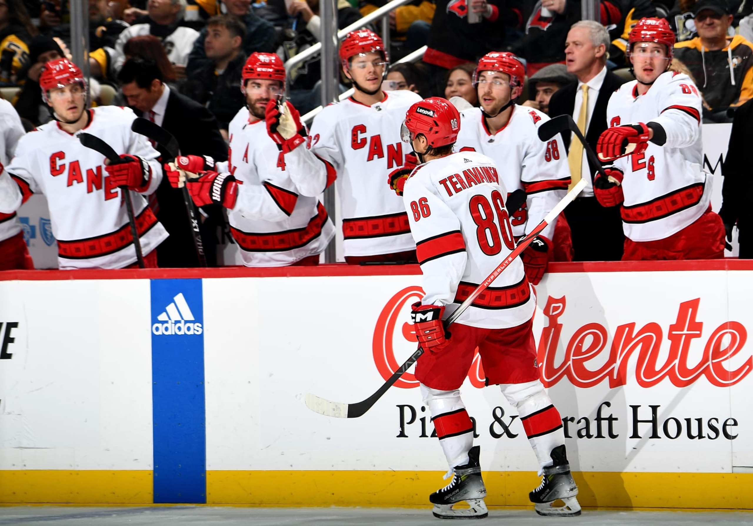 PITTSBURGH, PA - DECEMBER 21:  Teuvo Teravainen #86 of the Carolina Hurricanes celebrates his second period goal against the Pittsburgh Penguins at PPG PAINTS Arena on December 21, 2023 in Pittsburgh, Pennsylvania. (Photo by Joe Sargent/NHLI via Getty Images)
