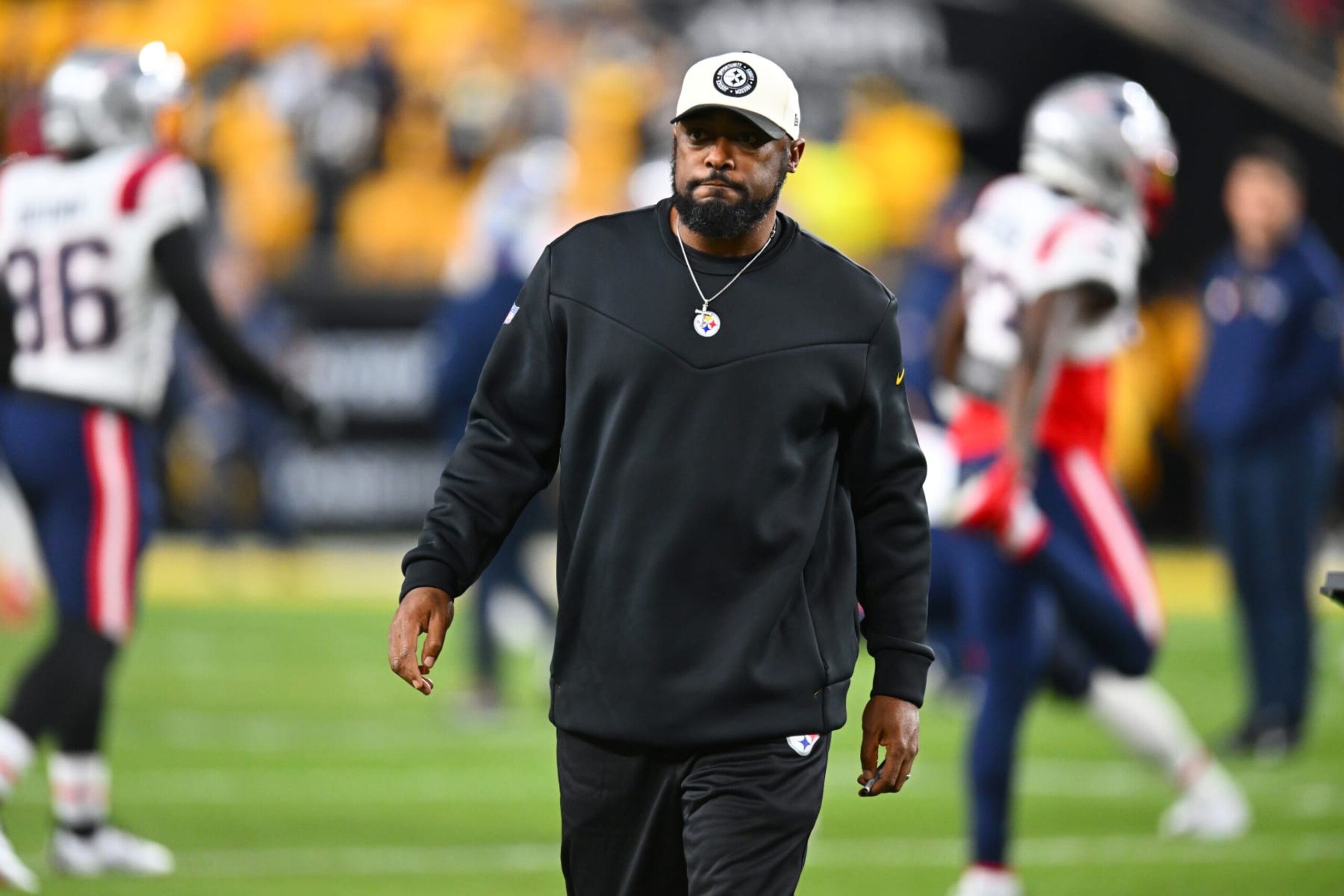 PITTSBURGH, PENNSYLVANIA - DECEMBER 07: Pittsburgh Steelers head coach Mike Tomlin looks on before the game against the New England Patriots at Acrisure Stadium on December 07, 2023 in Pittsburgh, Pennsylvania. (Photo by Joe Sargent/Getty Images)