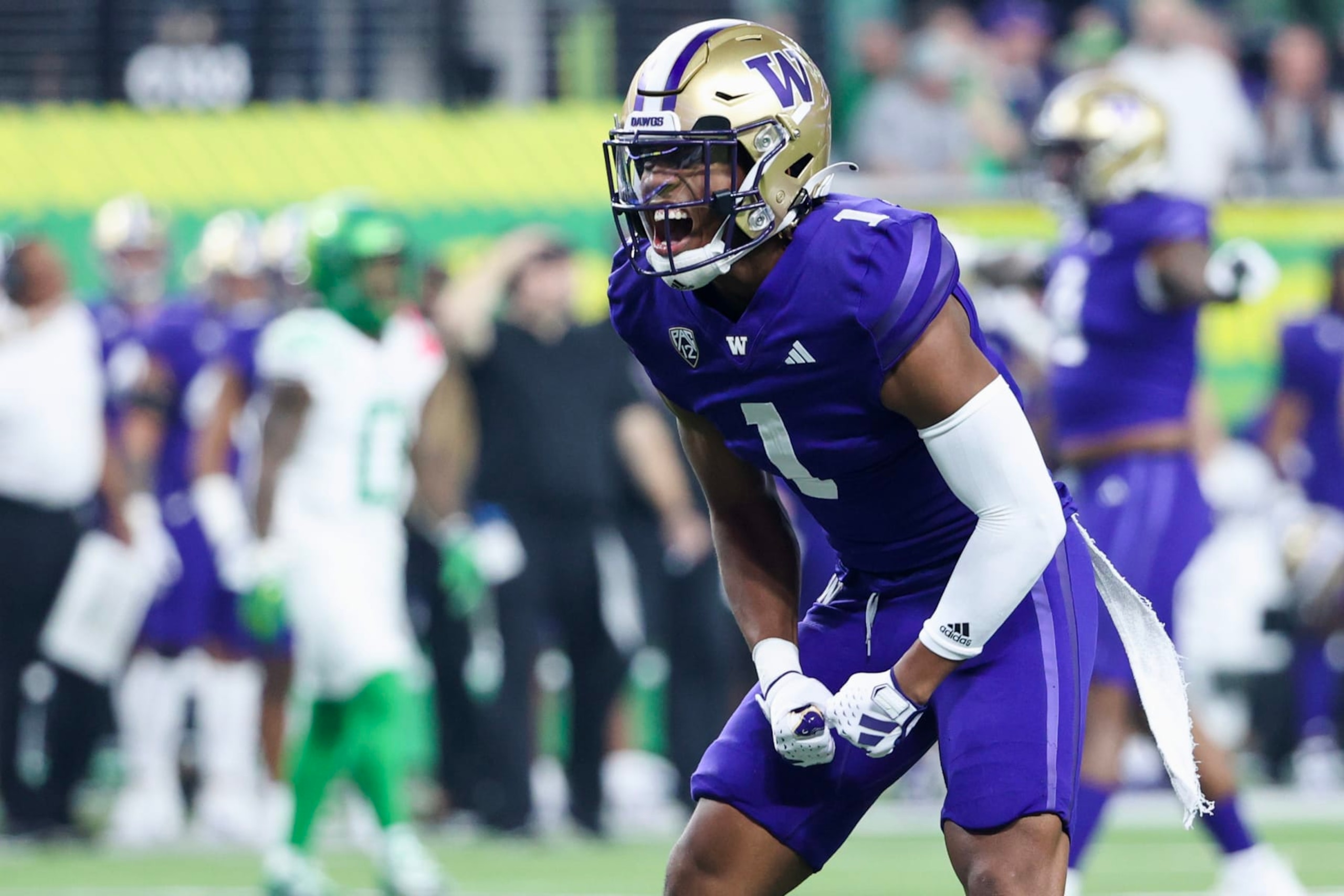 LAS VEGAS, NEVADA - DECEMBER 01: Jabbar Muhammad #1 of the Washington Huskies reacts after breaking up a pass during the second quarter against the Oregon Ducks during the Pac-12 Championship at Allegiant Stadium on December 01, 2023 in Las Vegas, Nevada. (Photo by Ian Maule/Getty Images)