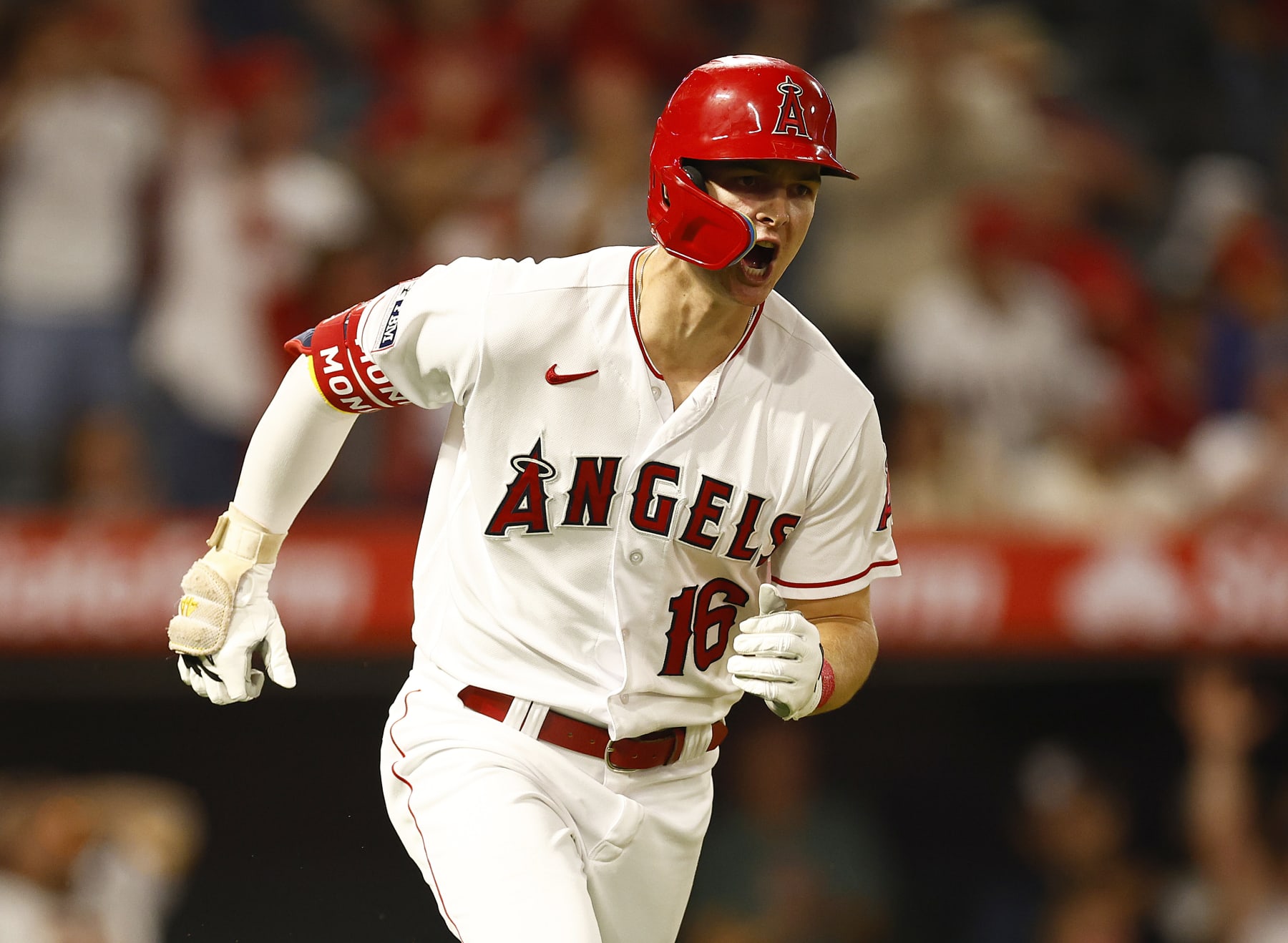 ANAHEIM, CALIFORNIA - SEPTEMBER 05:  Mickey Moniak #16 of the Los Angeles Angels hits a rbi single against the Baltimore Orioles in the ninth inning at Angel Stadium of Anaheim on September 05, 2023 in Anaheim, California. (Photo by Ronald Martinez/Getty Images)