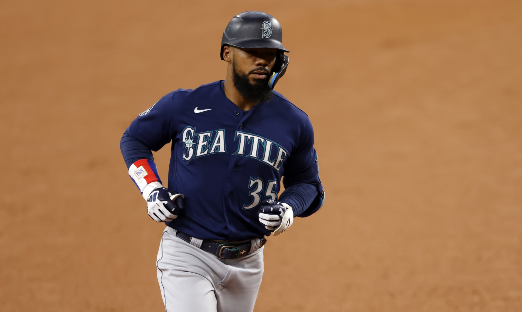 ARLINGTON, TX - SEPTEMBER 24: Teoscar Hernandez #35 of the Seattle Mariners runs the bases after hitting a home run against the Texas Rangers at Globe Life Field on September 24, 2023 in Arlington, Texas. (Photo by Ron Jenkins/Getty Images)