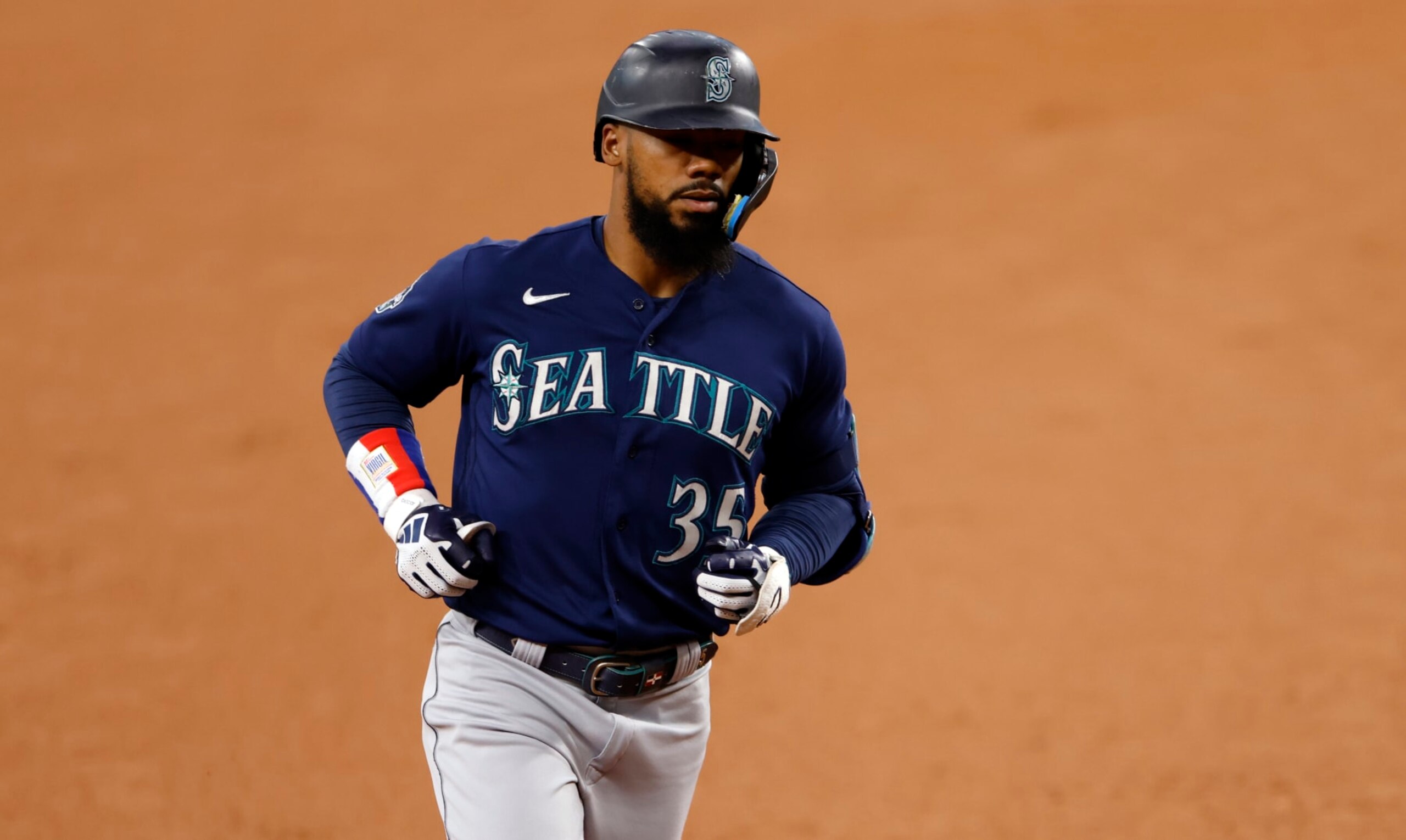 ARLINGTON, TX - SEPTEMBER 24: Teoscar Hernandez #35 of the Seattle Mariners runs the bases after hitting a home run against the Texas Rangers at Globe Life Field on September 24, 2023 in Arlington, Texas. (Photo by Ron Jenkins/Getty Images)