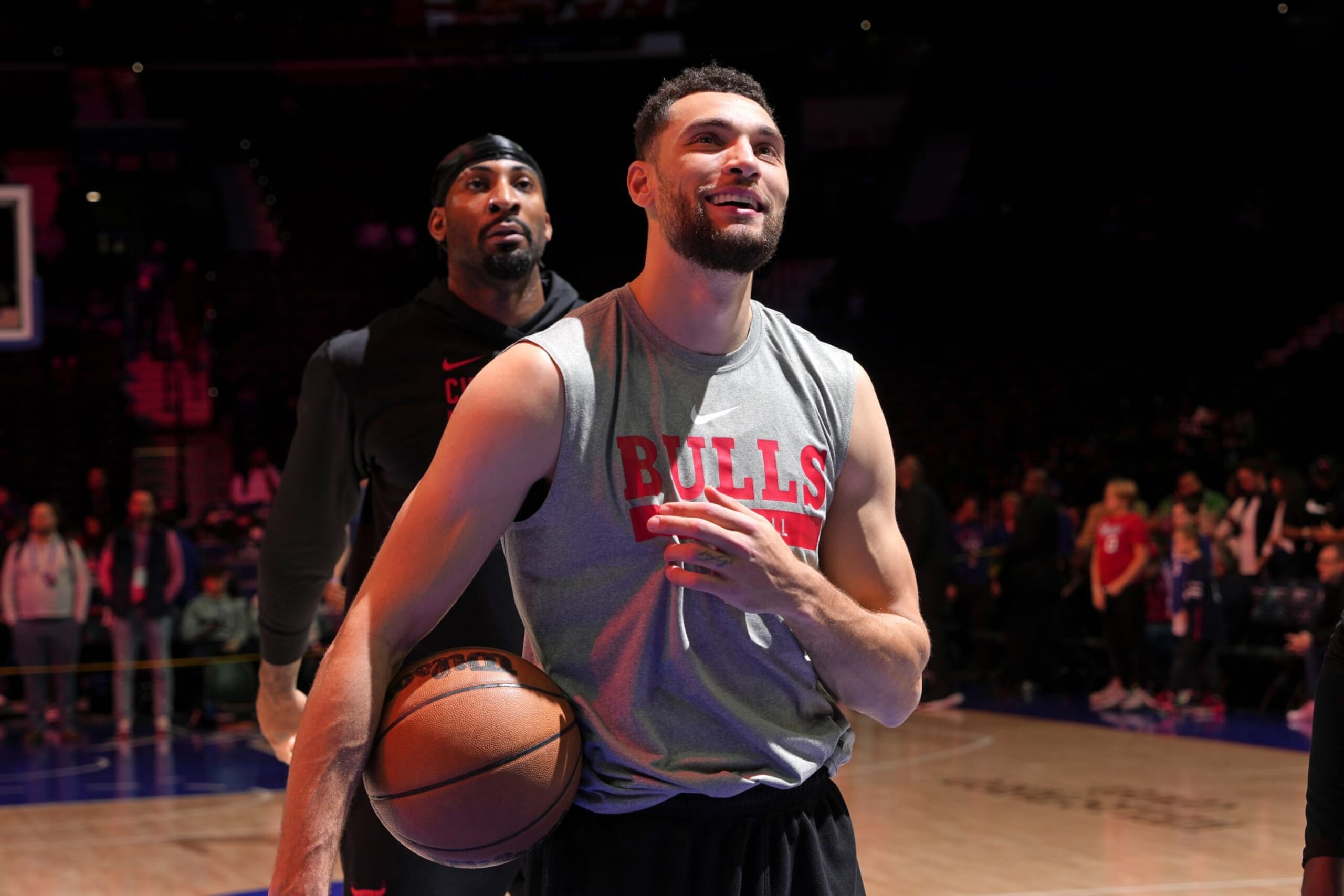 PHILADELPHIA, PA - DECEMBER 18: Zach LaVine #8 of the Chicago Bulls warms up before the game against the Philadelphia 76ers on December 18, 2023 at the Wells Fargo Center in Philadelphia, Pennsylvania NOTE TO USER: User expressly acknowledges and agrees that, by downloading and/or using this Photograph, user is consenting to the terms and conditions of the Getty Images License Agreement. Mandatory Copyright Notice: Copyright 2023 NBAE (Photo by Jesse D. Garrabrant/NBAE via Getty Images)