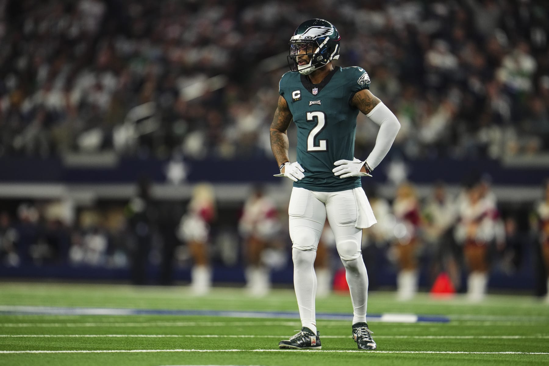 ARLINGTON, TX - DECEMBER 10: Darius Slay #2 of the Philadelphia Eagles looks on from the field during an NFL football game against the Dallas Cowboys at AT&T Stadium on December 10, 2023 in Arlington, Texas. (Photo by Cooper Neill/Getty Images)