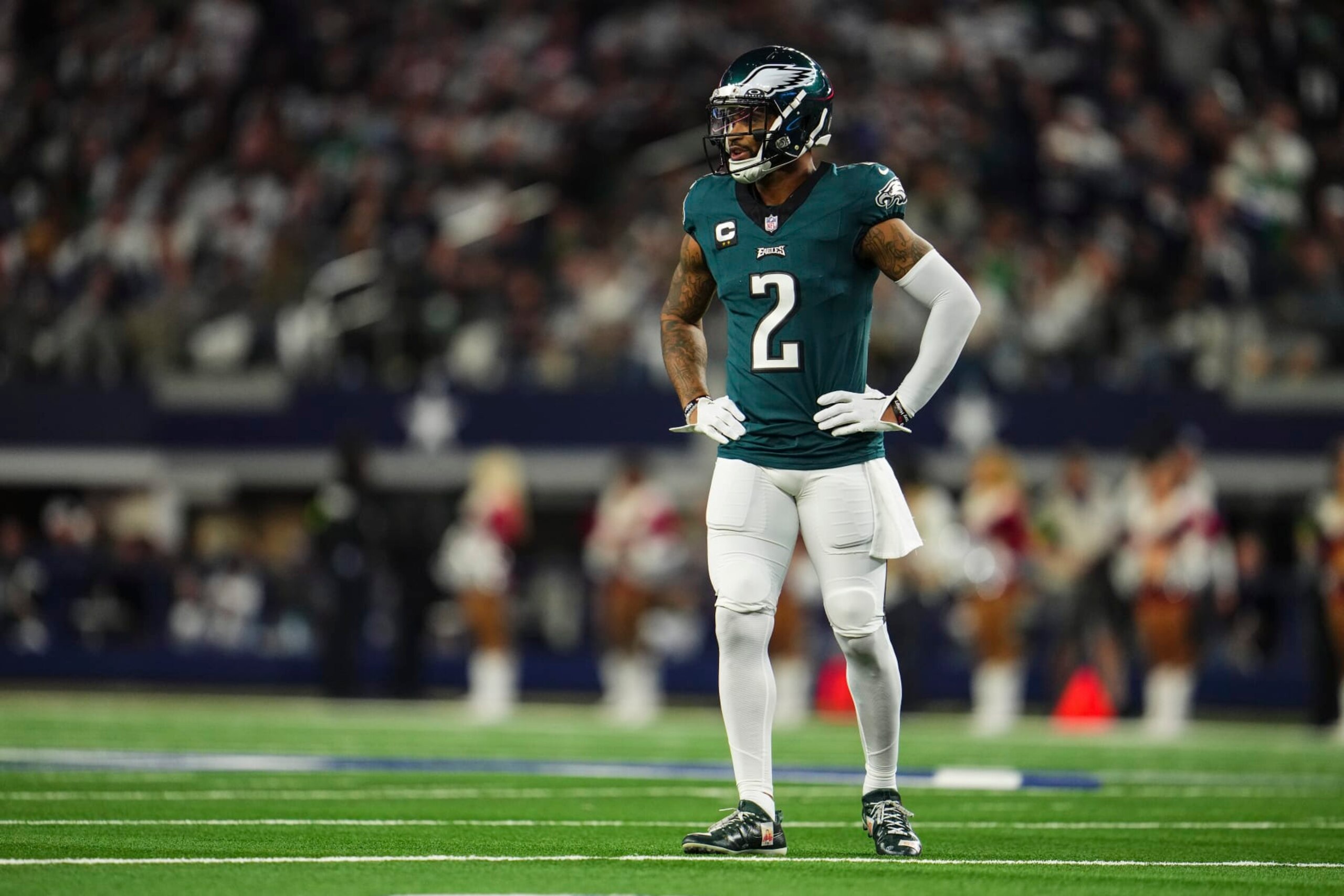 ARLINGTON, TX - DECEMBER 10: Darius Slay #2 of the Philadelphia Eagles looks on from the field during an NFL football game against the Dallas Cowboys at AT&T Stadium on December 10, 2023 in Arlington, Texas. (Photo by Cooper Neill/Getty Images)