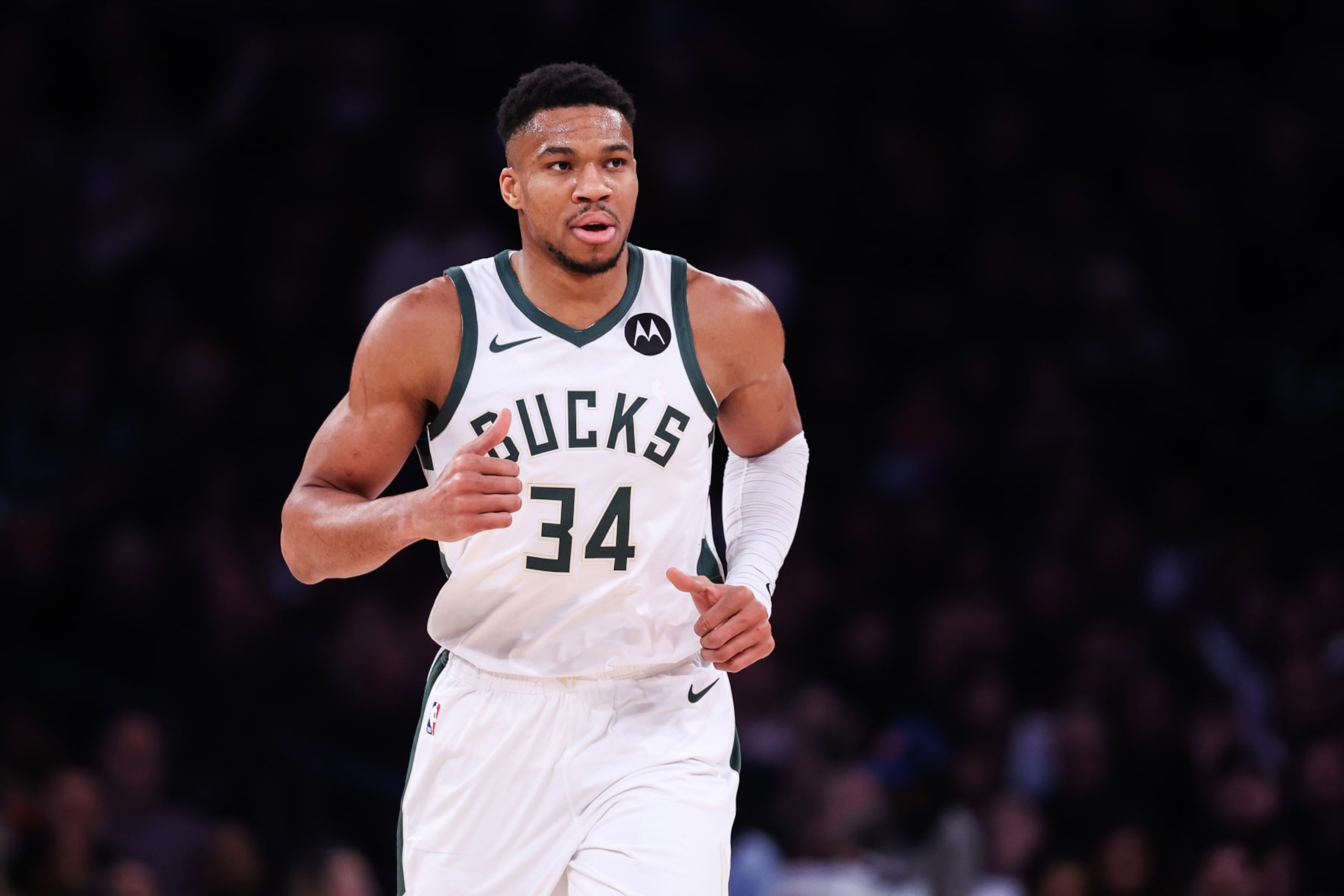 NEW YORK, NEW YORK - DECEMBER 23: Giannis Antetokounmpo #34 of the Milwaukee Bucks looks on during the first quarter of the game against the New York Knicks at Madison Square Garden on December 23, 2023 in New York City. NOTE TO USER: User expressly acknowledges and agrees that, by downloading and or using this photograph, User is consenting to the terms and conditions of the Getty Images License Agreement. (Photo by Dustin Satloff/Getty Images)
