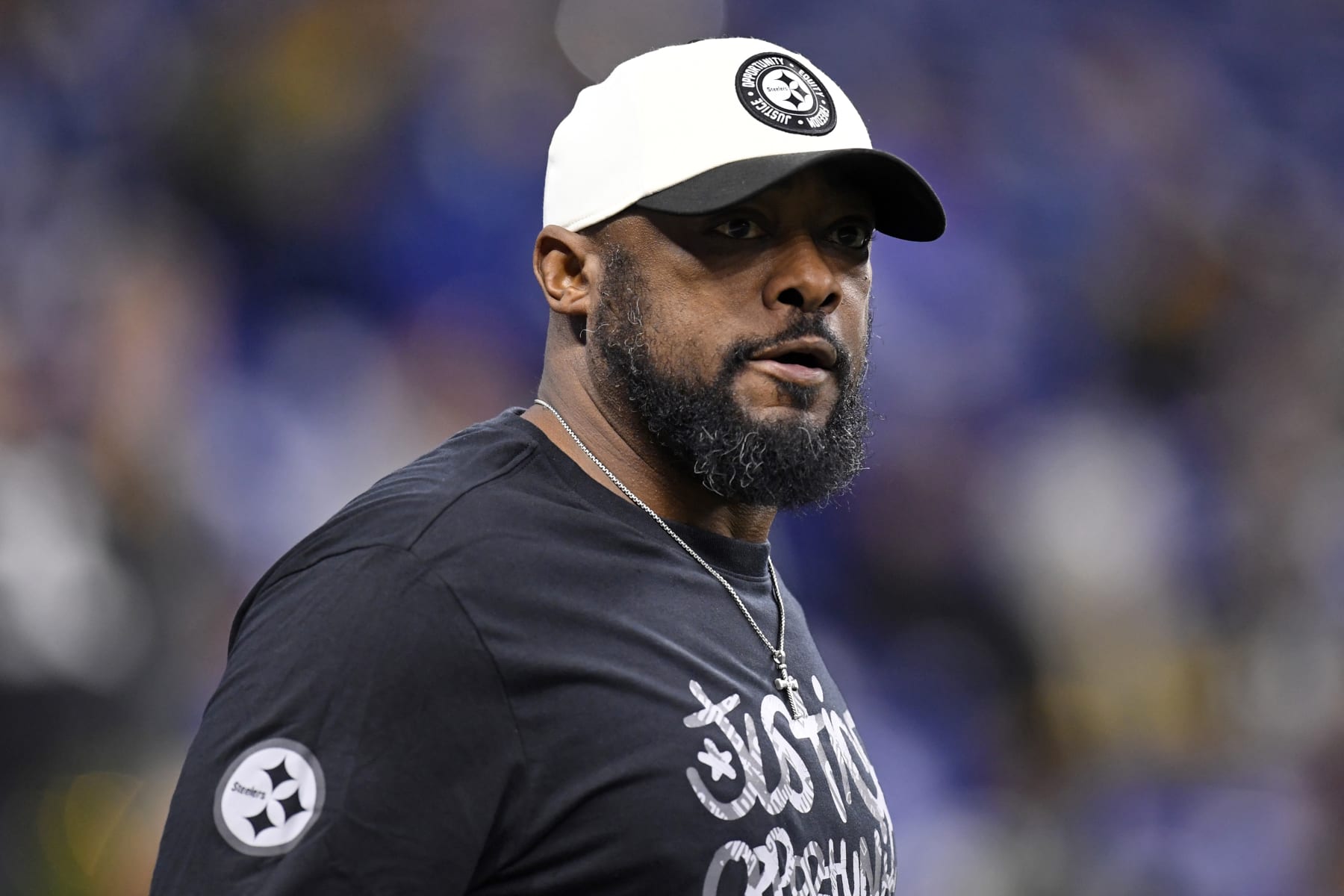 INDIANAPOLIS, IN - DECEMBER 16: Pittsburgh Steelers Head Coach Mike Tomlin looks on before the NFL game between the Pittsburgh Steelers and the Indianapolis Colts on December 16, 2023, at Lucas Oil Stadium in Indianapolis, Indiana. (Photo by Michael Allio/Icon Sportswire via Getty Images)