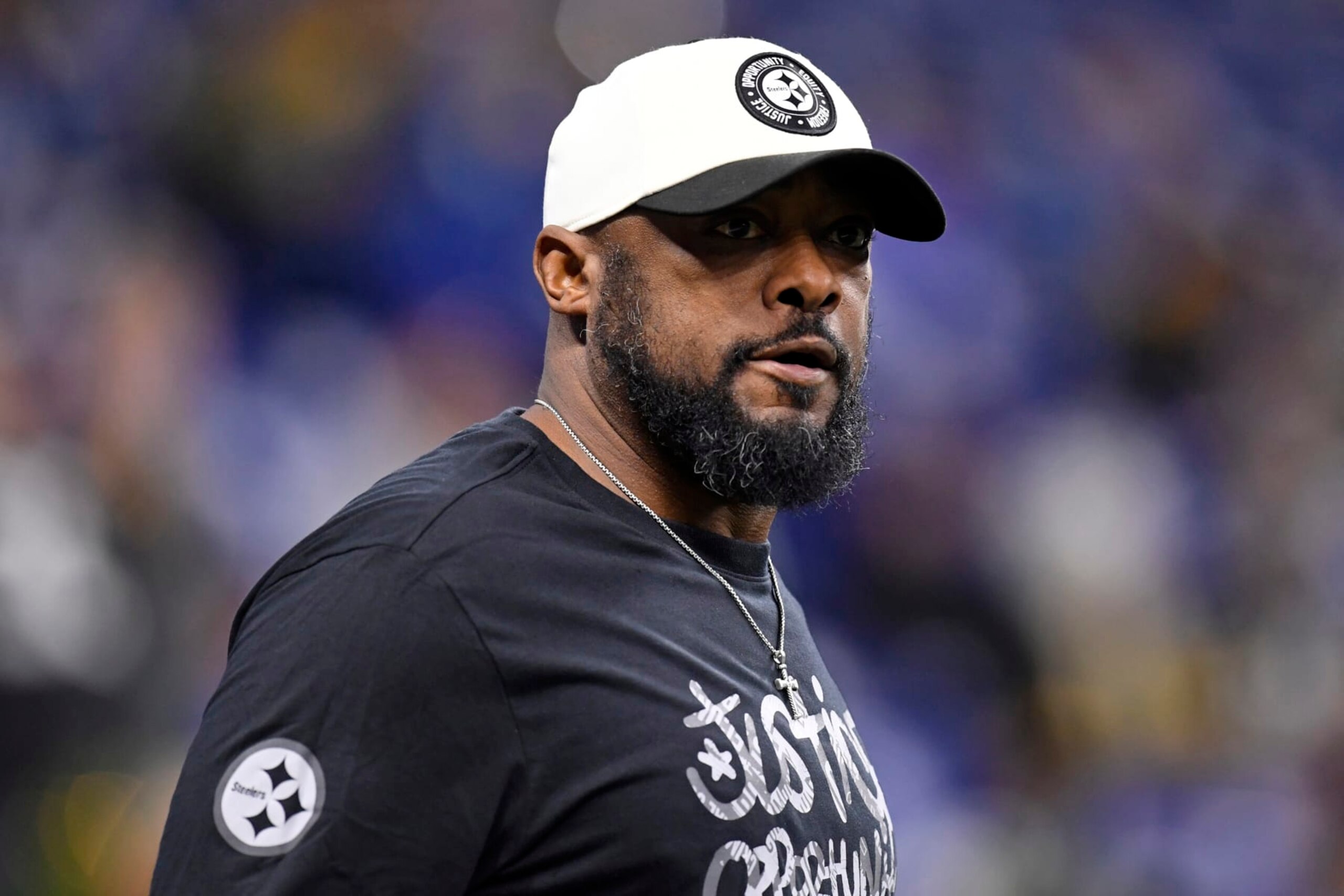 INDIANAPOLIS, IN - DECEMBER 16: Pittsburgh Steelers Head Coach Mike Tomlin looks on before the NFL game between the Pittsburgh Steelers and the Indianapolis Colts on December 16, 2023, at Lucas Oil Stadium in Indianapolis, Indiana. (Photo by Michael Allio/Icon Sportswire via Getty Images)