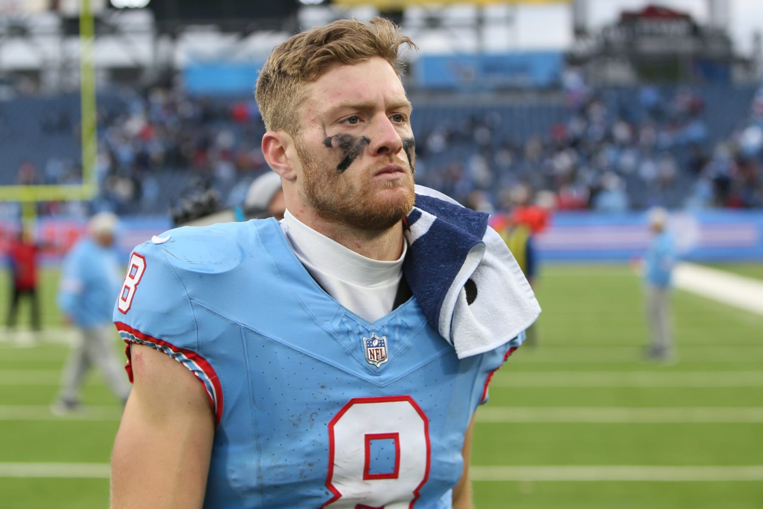 NASHVILLE, TN - DECEMBER 17: Tennessee Titans quarterback Will Levis (8) walks off the field following a game between the Tennessee Titans and Houston Texans, December 17, 2023 at Nissan Stadium in Nashville, Tennessee. (Photo by Matthew Maxey/Icon Sportswire via Getty Images) NASHVILLE, TN - DECEMBER 17: Tennessee Titans quarterback Will Levis (8) walks off the field following a game between the Tennessee Titans and Houston Texans, December 17, 2023 at Nissan Stadium in Nashville, Tennessee. (Photo by Matthew Maxey/Icon Sportswire via Getty Images)