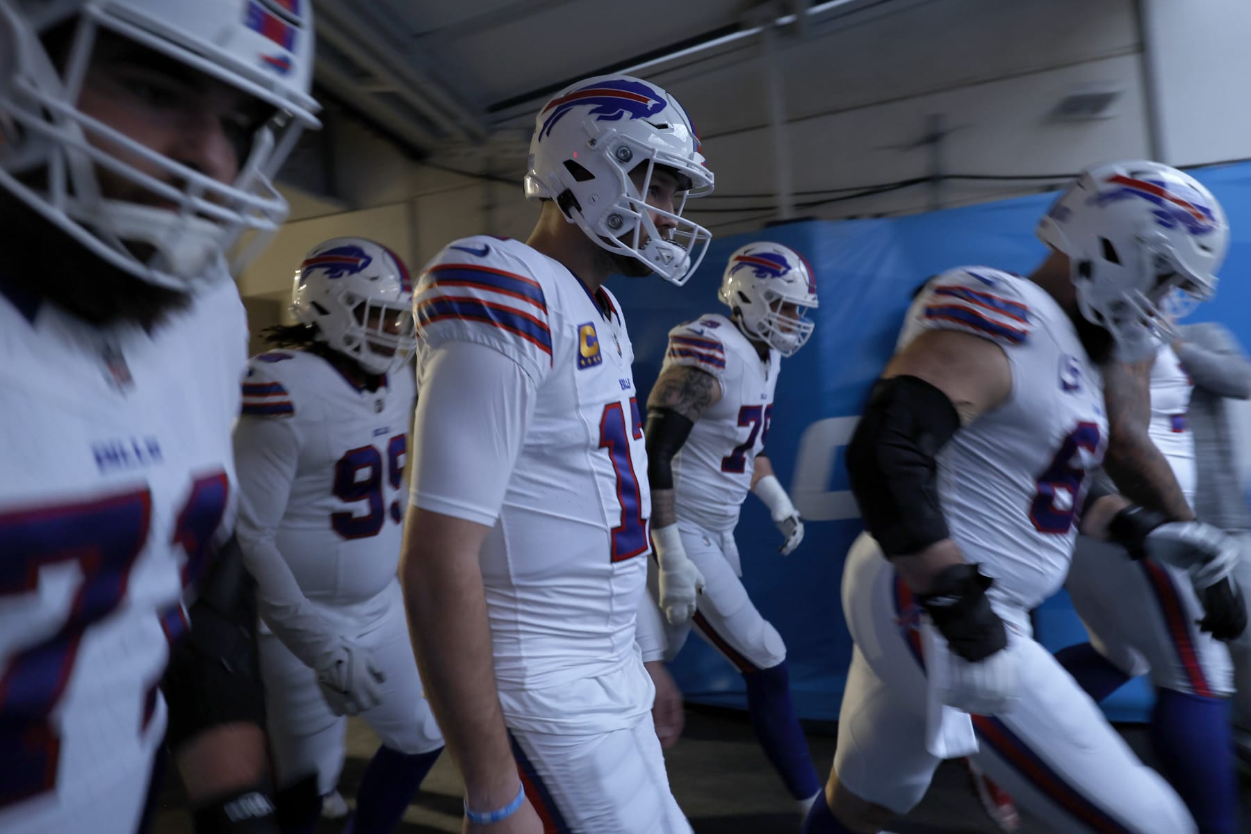 INGLEWOOD, CALIFORNIA - DECEMBER 23: Josh Allen #17 of the Buffalo Bills walks through the tunnel before the game against the Los Angeles Chargers at SoFi Stadium on December 23, 2023 in Inglewood, California. (Photo by Kevork Djansezian/Getty Images)