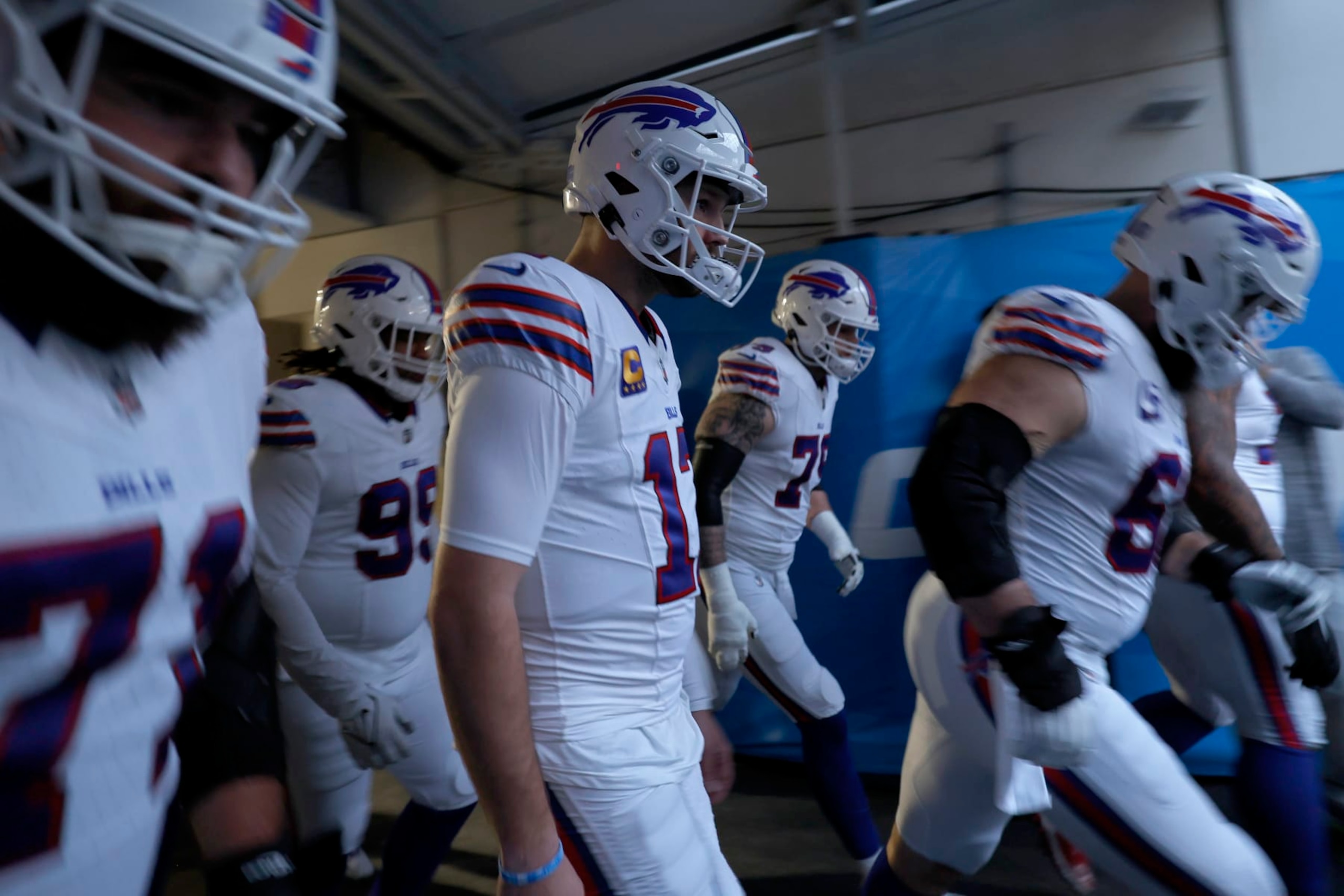 INGLEWOOD, CALIFORNIA - DECEMBER 23: Josh Allen #17 of the Buffalo Bills walks through the tunnel before the game against the Los Angeles Chargers at SoFi Stadium on December 23, 2023 in Inglewood, California. (Photo by Kevork Djansezian/Getty Images)