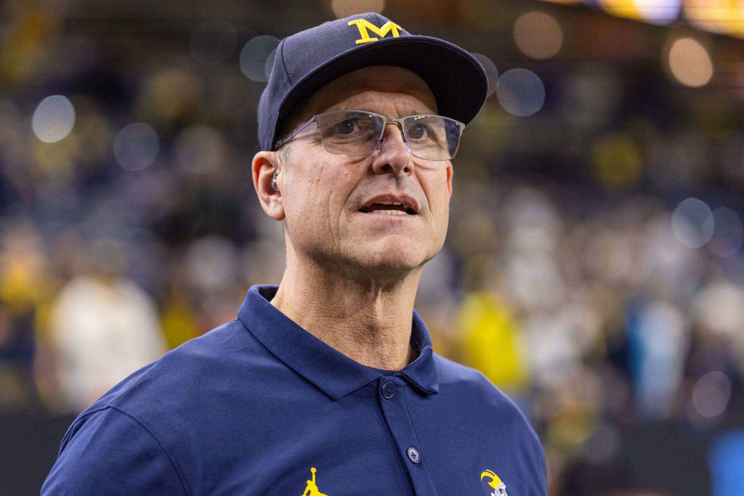 INDIANAPOLIS, INDIANA - DECEMBER 2: Head coach Jim Harbaugh of the Michigan Wolverines is seen after the Big Ten Championship against the Iowa Hawkeyes at Lucas Oil Stadium on December 2, 2023 in Indianapolis, Indiana. (Photo by Michael Hickey/Getty Images)