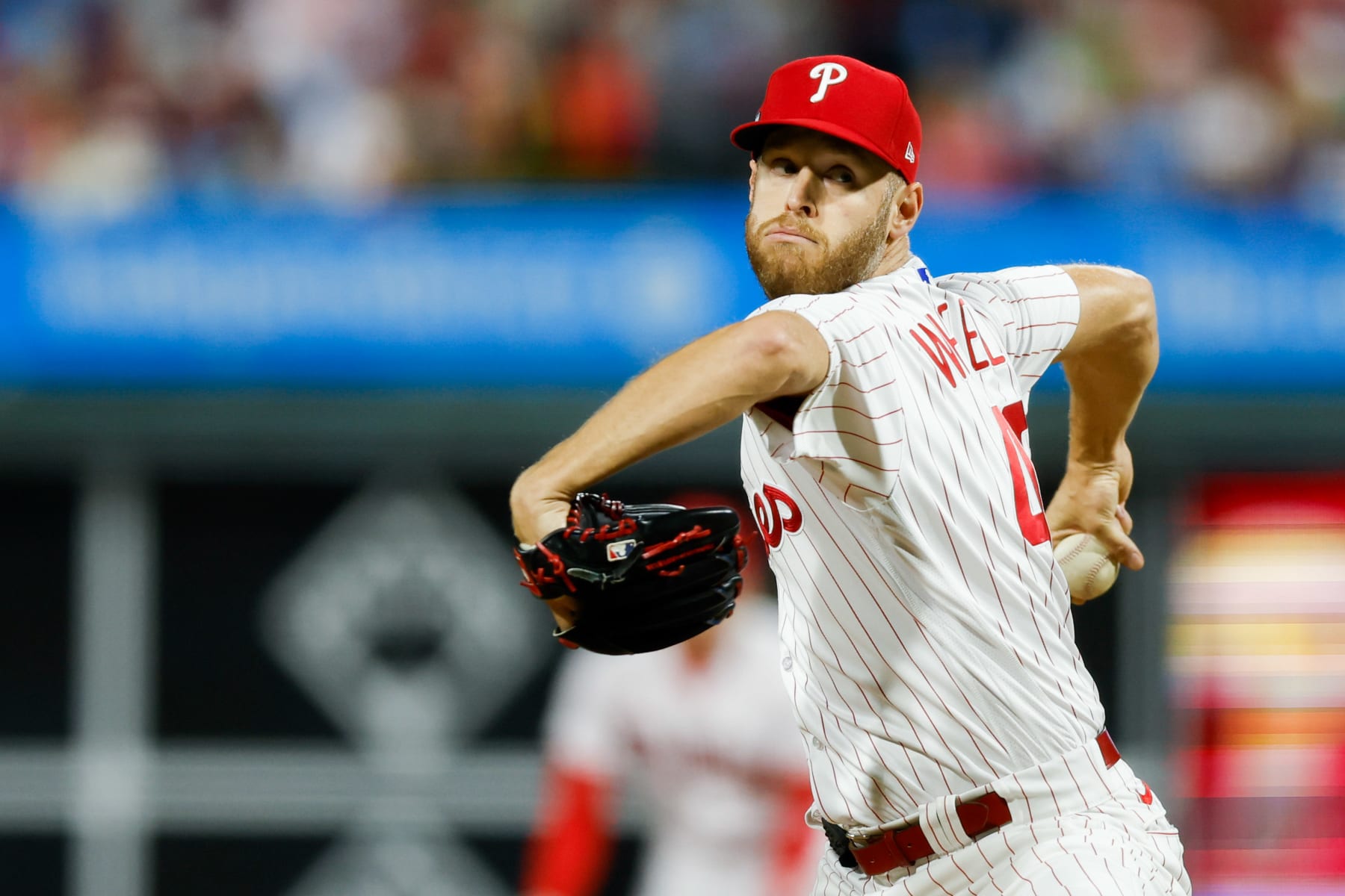 PHILADELPHIA, PA - OCTOBER 16:   Zack Wheeler #45 of the Philadelphia Phillies pitches during Game 1 of the NLCS between the Arizona Diamondbacks and the Philadelphia Phillies at Citizens Bank Park on Monday, October 16, 2023 in Philadelphia, Pennsylvania. (Photo by Brian Garfinkel/MLB Photos via Getty Images)