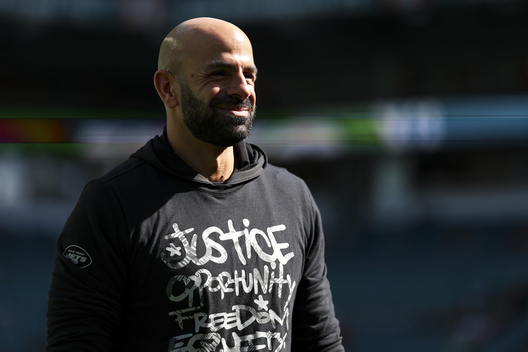 MIAMI GARDENS, FL - DECEMBER 17: Head coach Robert Saleh of the New York Jets smiles prior to an NFL football game against the Miami Dolphins at Hard Rock Stadium on December 17, 2023 in Miami Gardens, Florida. (Photo by Kevin Sabitus/Getty Images)