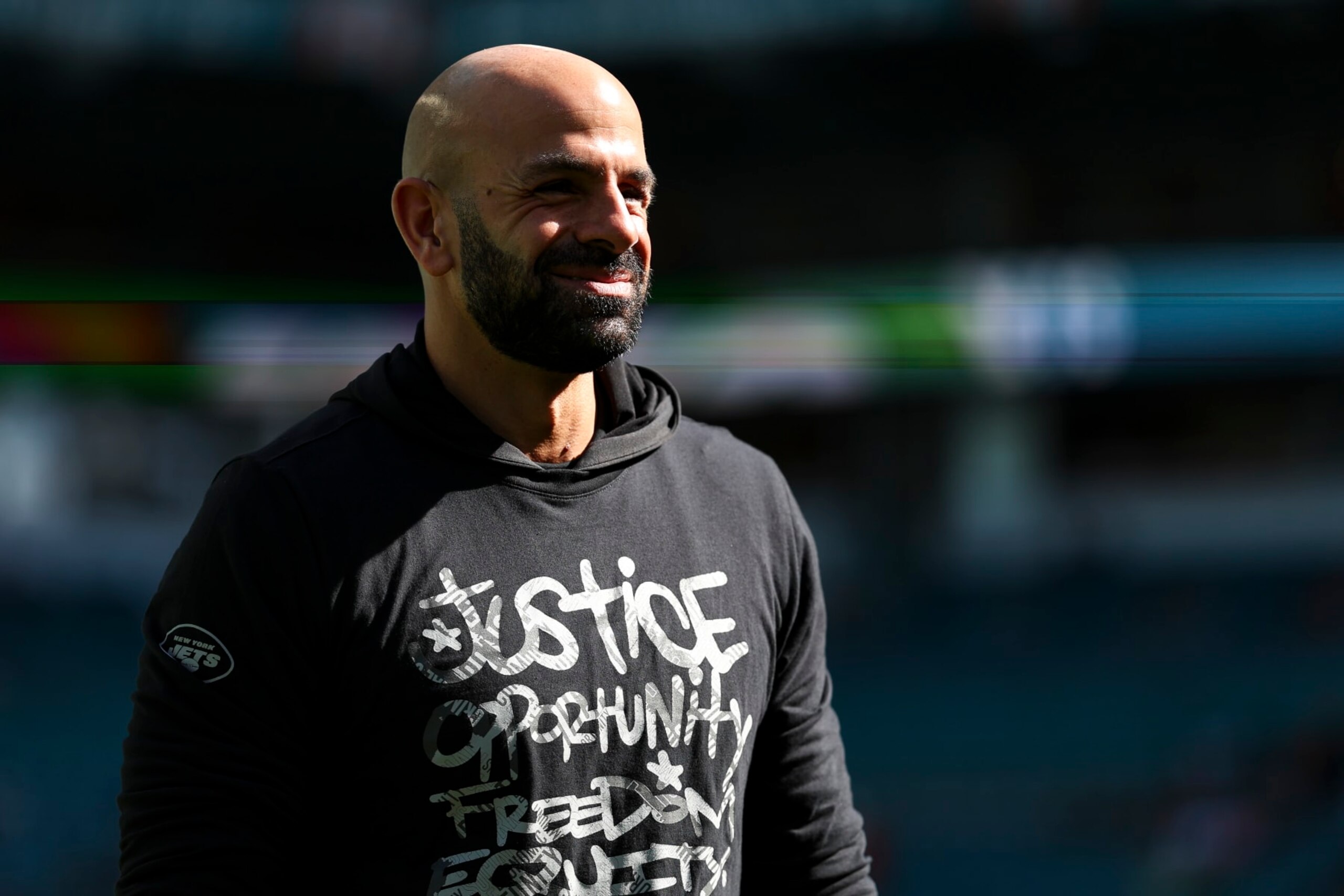 MIAMI GARDENS, FL - DECEMBER 17: Head coach Robert Saleh of the New York Jets smiles prior to an NFL football game against the Miami Dolphins at Hard Rock Stadium on December 17, 2023 in Miami Gardens, Florida. (Photo by Kevin Sabitus/Getty Images)