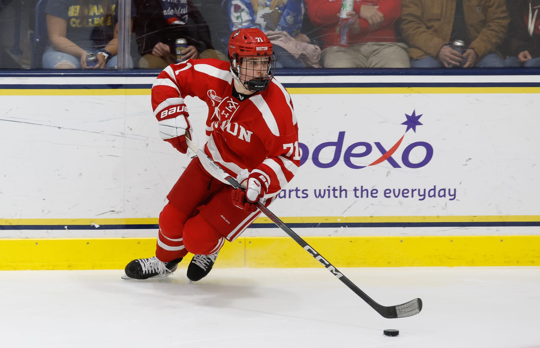 NORTH ANDOVER, MASSACHUSETTS - DECEMBER 1: Macklin Celebrini #71 of the Boston University Terriers skates during the second period against the Merrimack Warriors during NCAA men's hockey at Lawler Rink on December 1, 2023 in North Andover, Massachusetts. The Terriers won 4-1. (Photo by Richard T Gagnon/Getty Images)