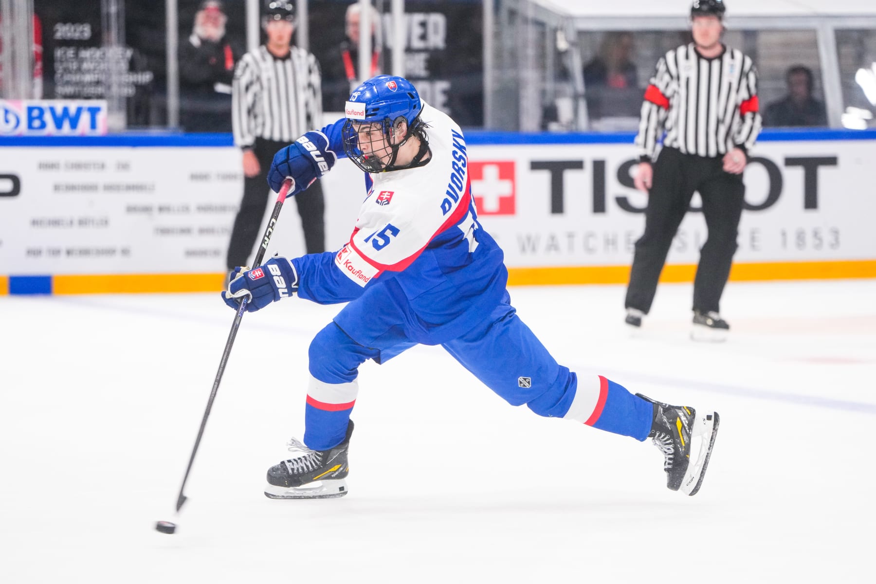 BASEL, SWITZERLAND - APRIL 30: Dalibor Dvorsky of Slovakia taking a shot during U18 Ice Hockey World Championship bronze medal dispute match between Canada and Slovakia at St. Jakob-Park at St. Jakob-Park on April 30, 2023 in Basel, Switzerland. (Photo by Jari Pestelacci/Eurasia Sport Images/Getty Images)