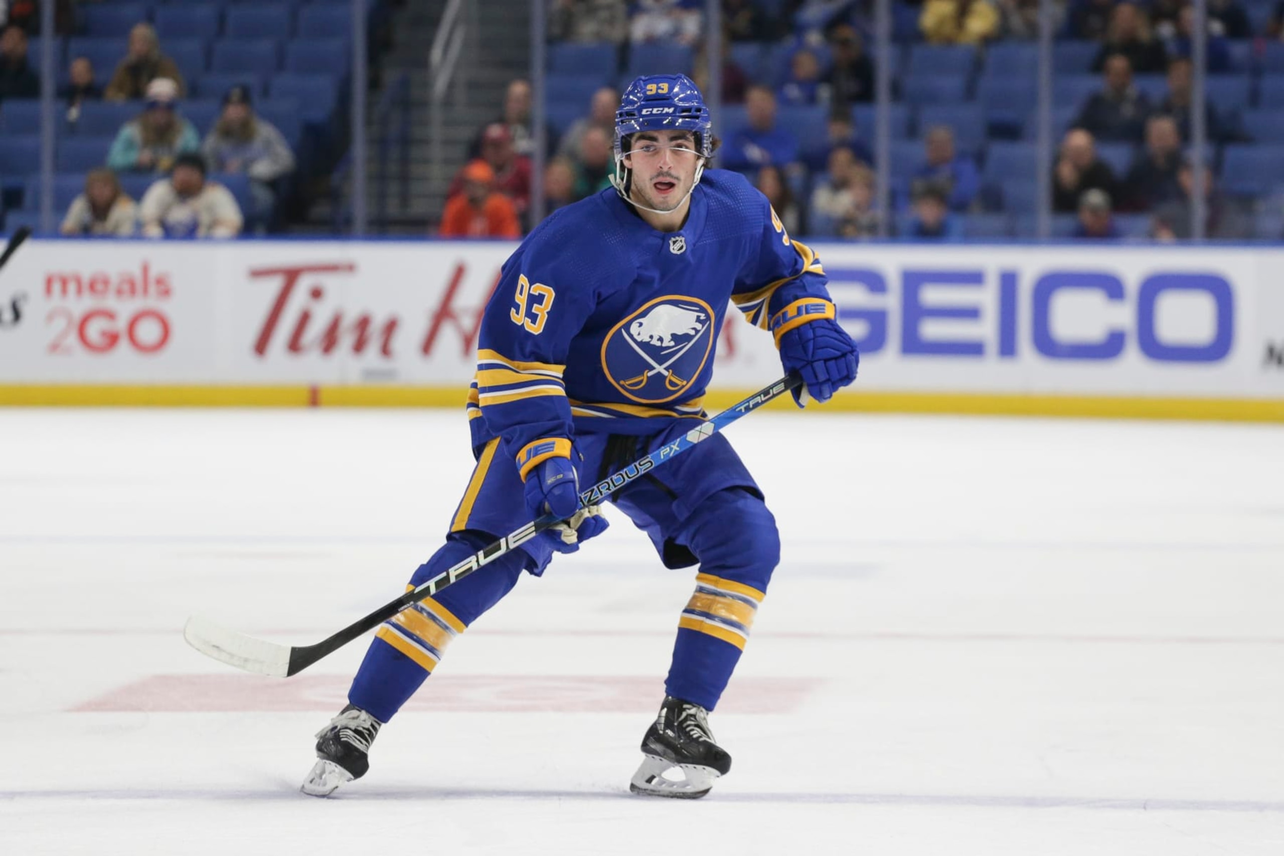 BUFFALO, NEW YORK - SEPTEMBER 27: Matt Savoie #93 of the Buffalo Sabres skates during the first period against the Philadelphia Flyers at KeyBank Center on September 27, 2022 in Buffalo, New York. (Photo by Joshua Bessex/Getty Images)