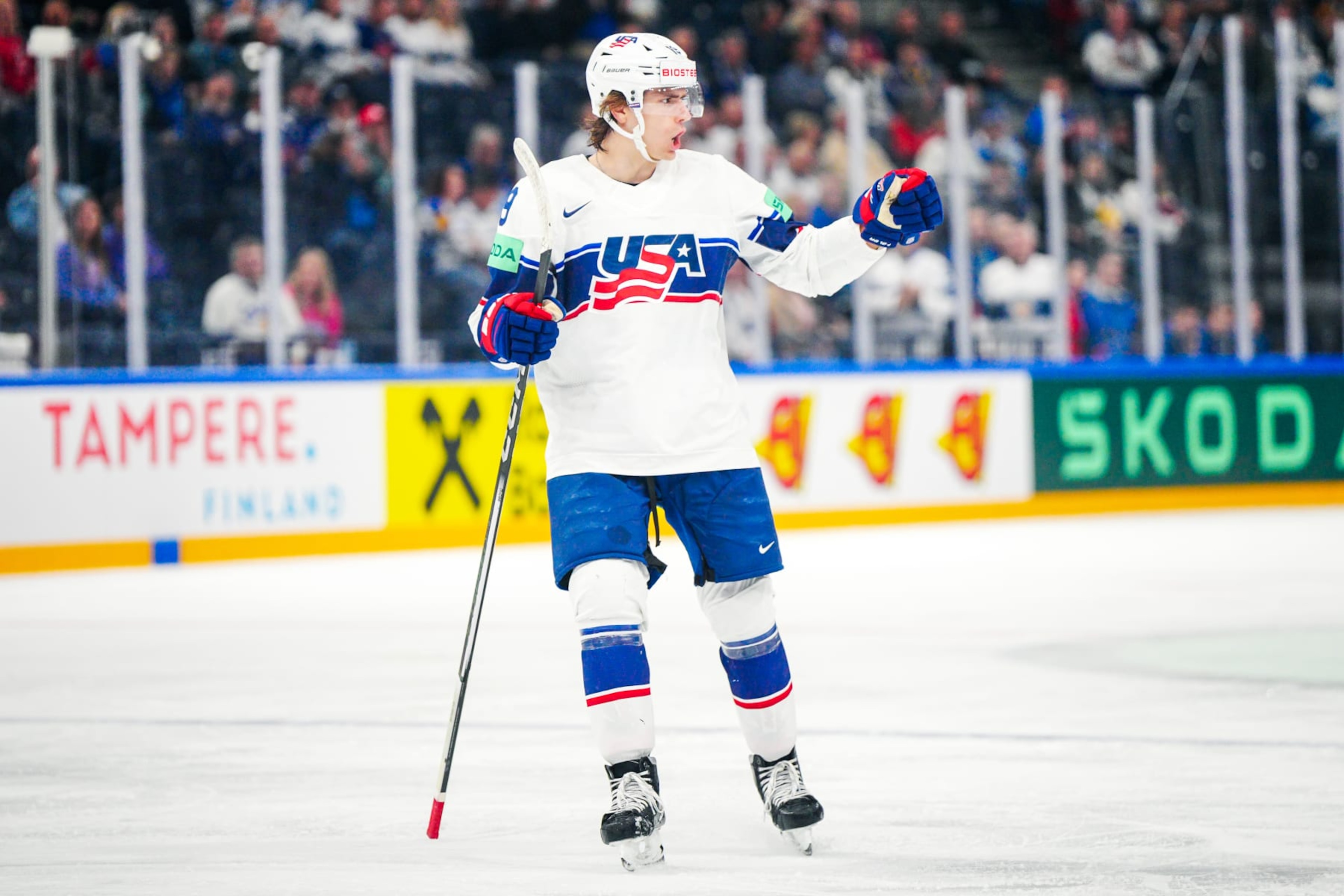 TAMPERE, FINLAND - MAY 25: Cutter Gauthier of USA celebrates after scoring during the 2023 IIHF Ice Hockey World Championship Finland - Latvia game between United States and Czech Republic at on May 25, 2023 in Tampere, Finland. (Photo by Samppa Toivonen/Apollo Photo/DeFodi Images via Getty Images)