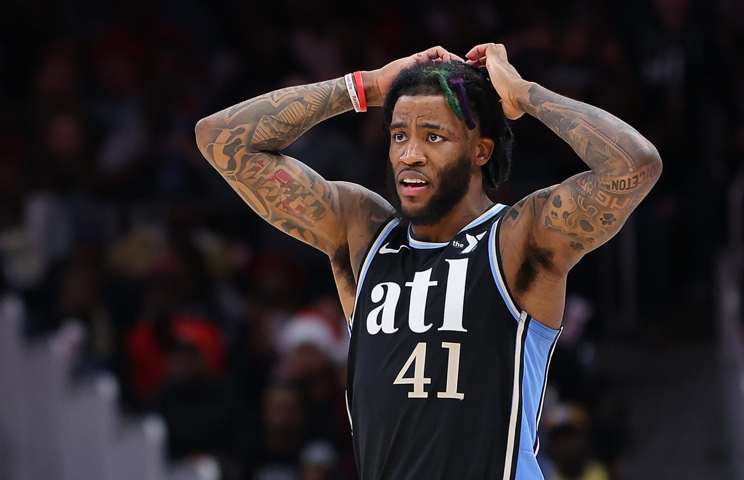 ATLANTA, GEORGIA - DECEMBER 23: Saddiq Bey #41 of the Atlanta Hawks reacts after a foul was charged to Dejounte Murray #5 against the Memphis Grizzlies during the fourth quarter at State Farm Arena on December 23, 2023 in Atlanta, Georgia. NOTE TO USER: User expressly acknowledges and agrees that, by downloading and/or using this photograph, user is consenting to the terms and conditions of the Getty Images License Agreement. (Photo by Kevin C. Cox/Getty Images) ATLANTA, GEORGIA - DECEMBER 23: Saddiq Bey #41 of the Atlanta Hawks reacts after a foul was charged to Dejounte Murray #5 against the Memphis Grizzlies during the fourth quarter at State Farm Arena on December 23, 2023 in Atlanta, Georgia. NOTE TO USER: User expressly acknowledges and agrees that, by downloading and/or using this photograph, user is consenting to the terms and conditions of the Getty Images License Agreement. (Photo by Kevin C. Cox/Getty Images)