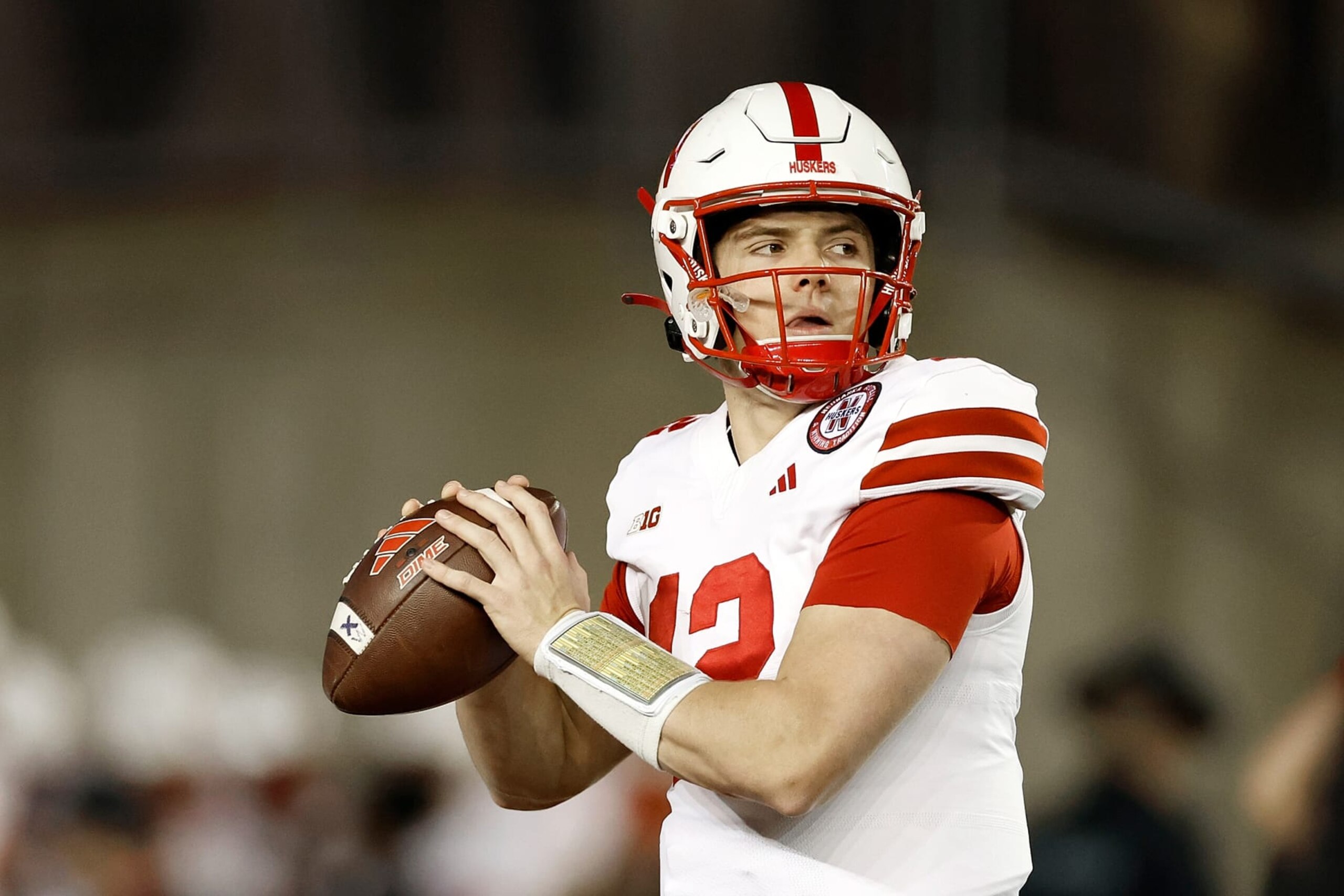 MADISON, WISCONSIN - NOVEMBER 18: Chubba Purdy #12 of the Nebraska Cornhuskers warms up before the game against the Wisconsin Badgers at Camp Randall Stadium on November 18, 2023 in Madison, Wisconsin. (Photo by John Fisher/Getty Images)