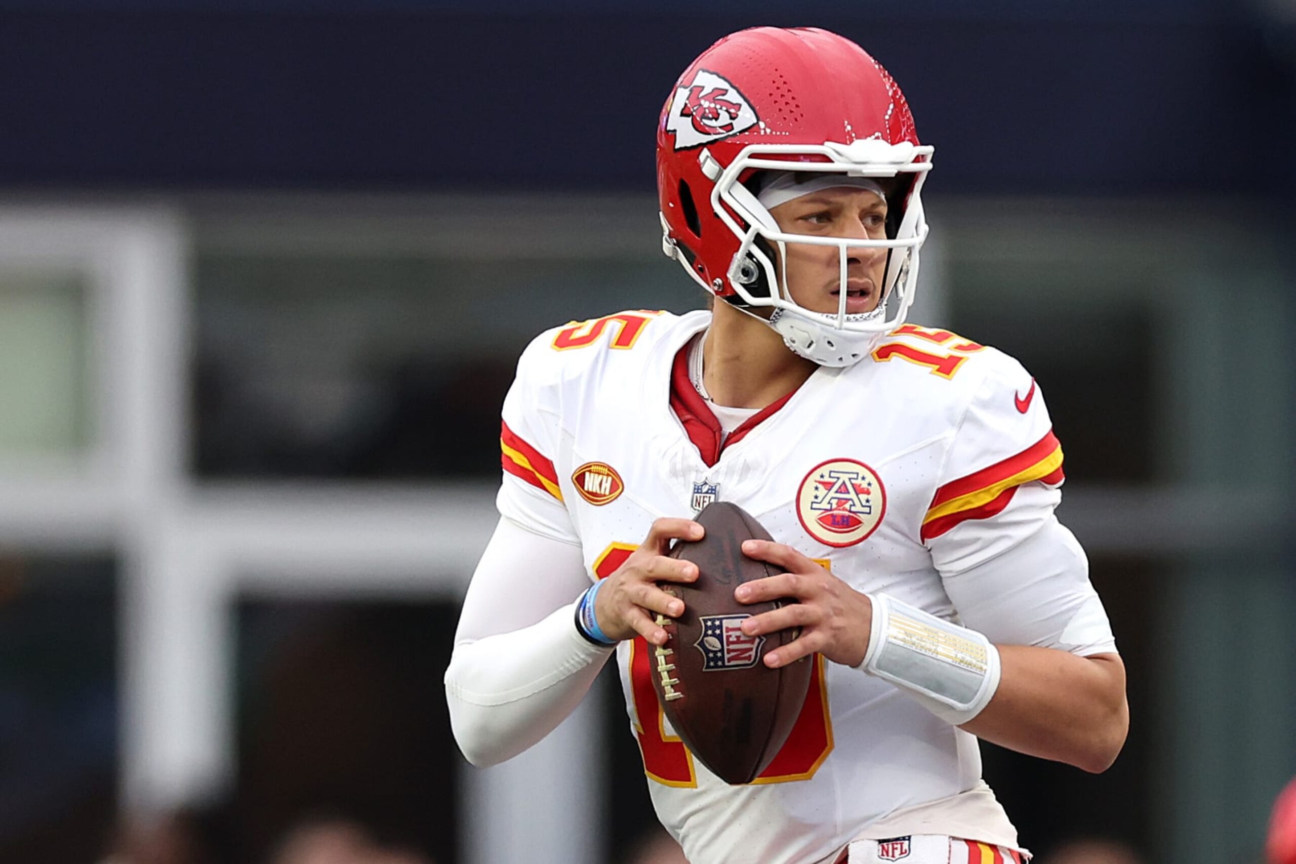 FOXBOROUGH, MASSACHUSETTS - DECEMBER 17: Patrick Mahomes #15 of the Kansas City Chiefs looks to pass during the game against the New England Patriots  at Gillette Stadium on December 17, 2023 in Foxborough, Massachusetts. (Photo by Maddie Meyer/Getty Images)