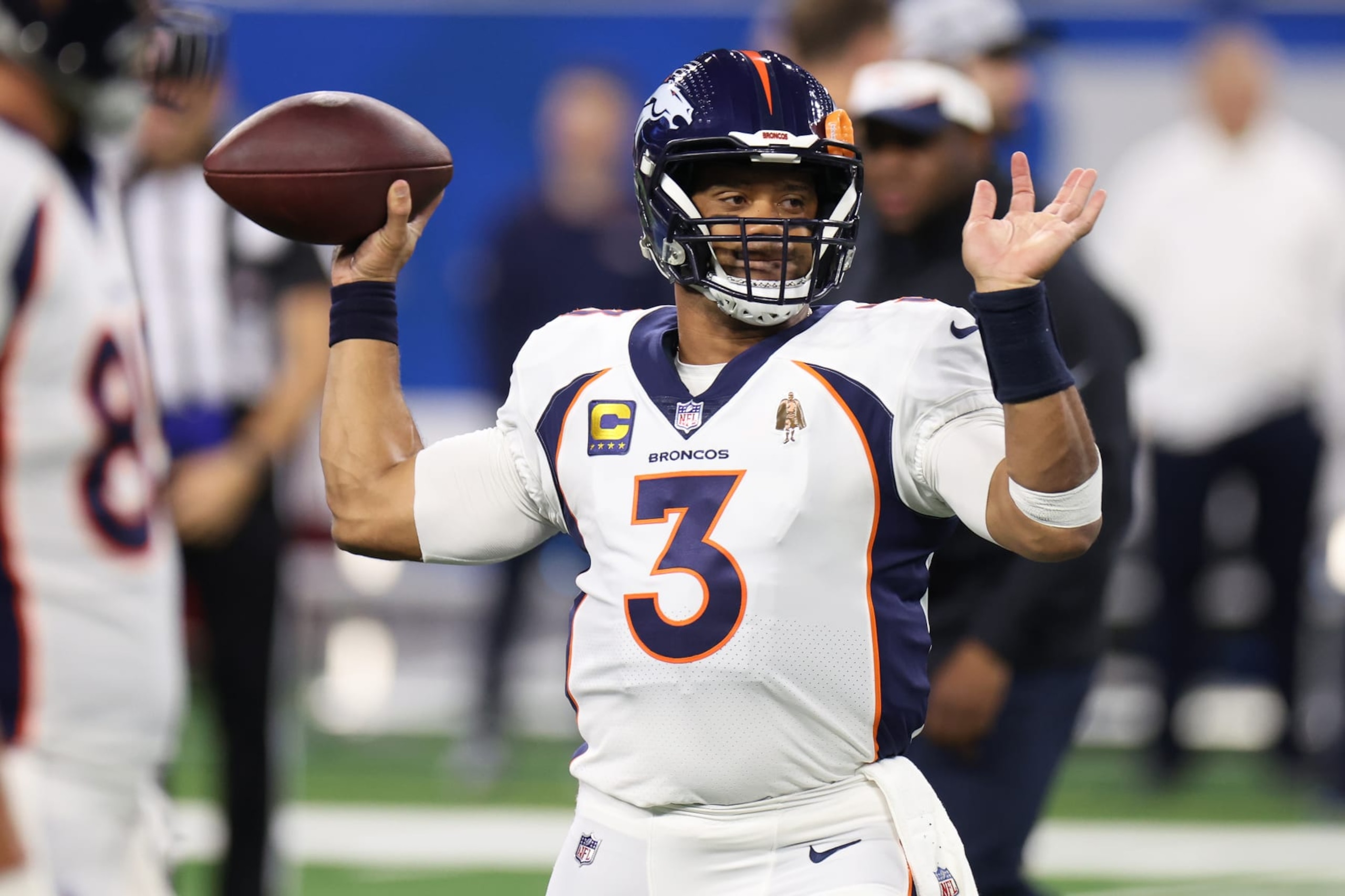 DETROIT, MICHIGAN - DECEMBER 16: Russell Wilson #3 of the Denver Broncos warms-up prior to a game against the Detroit Lions  at Ford Field on December 16, 2023 in Detroit, Michigan. (Photo by Gregory Shamus/Getty Images)