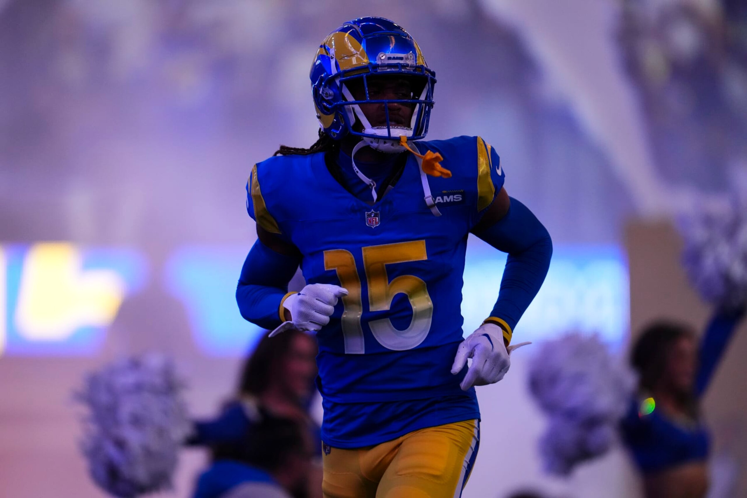 INGLEWOOD, CA - DECEMBER 21: Demarcus Robinson #15 of the Los Angeles Rams runs out of the tunnel prior to an NFL football game against the New Orleans Saints at SoFi Stadium on December 21, 2023 in Inglewood, California. (Photo by Cooper Neill/Getty Images)