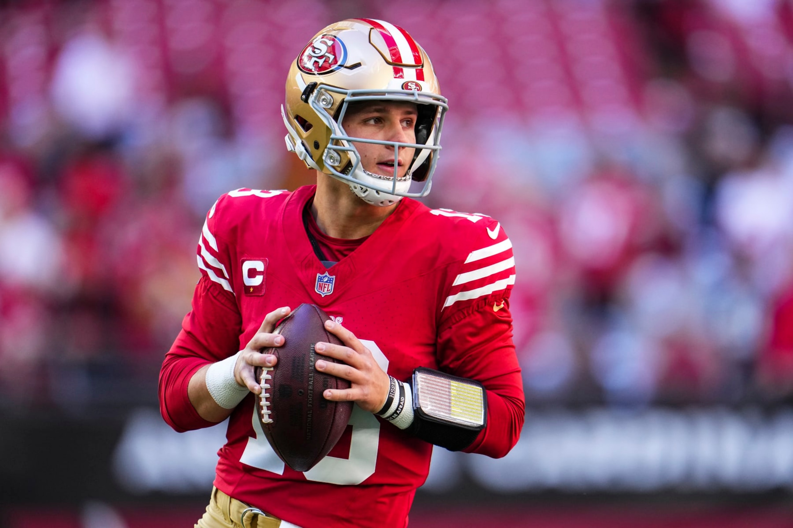 GLENDALE, AZ - DECEMBER 17: Brock Purdy #13 of the San Francisco 49ers warms up prior to an NFL football game against the Arizona Cardinals at State Farm Stadium on December 17, 2023 in Glendale, Arizona. (Photo by Cooper Neill/Getty Images)