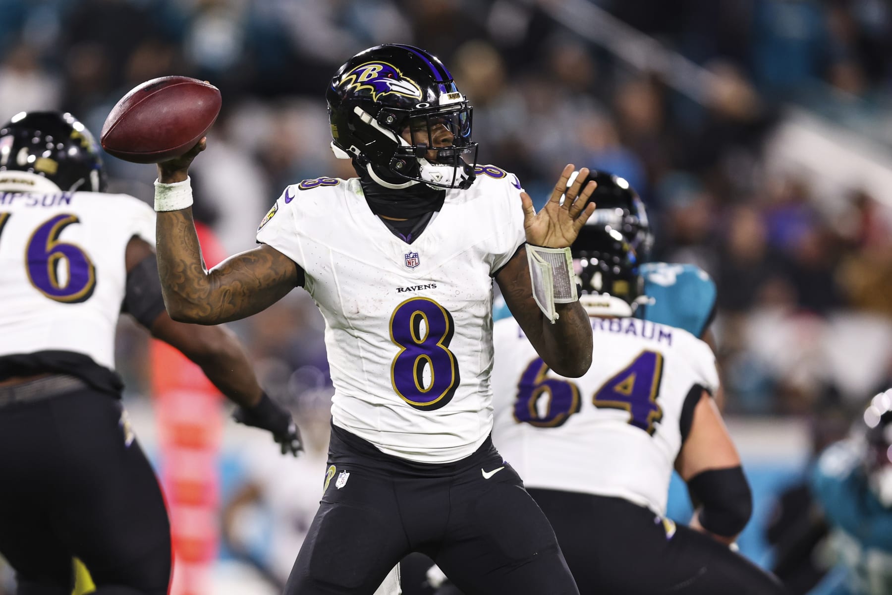 JACKSONVILLE, FL - DECEMBER 17: Lamar Jackson #8 of the Baltimore Ravens throws the ball during an NFL football game against the Jacksonville Jaguars at EverBank Stadium on December 17, 2023 in Jacksonville, Florida. (Photo by Perry Knotts/Getty Images)