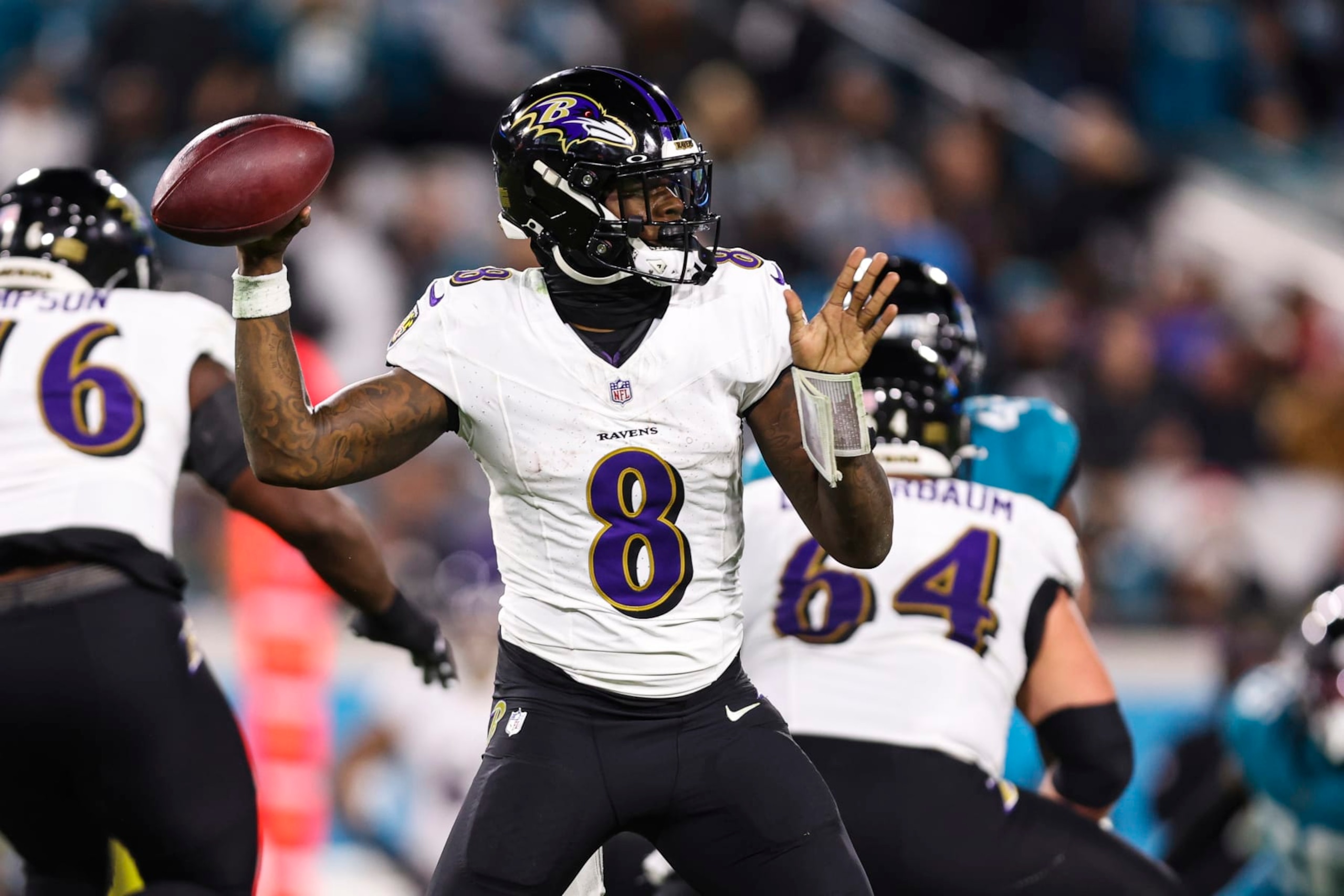 JACKSONVILLE, FL - DECEMBER 17: Lamar Jackson #8 of the Baltimore Ravens throws the ball during an NFL football game against the Jacksonville Jaguars at EverBank Stadium on December 17, 2023 in Jacksonville, Florida. (Photo by Perry Knotts/Getty Images) JACKSONVILLE, FL - DECEMBER 17: Lamar Jackson #8 of the Baltimore Ravens throws the ball during an NFL football game against the Jacksonville Jaguars at EverBank Stadium on December 17, 2023 in Jacksonville, Florida. (Photo by Perry Knotts/Getty Images)