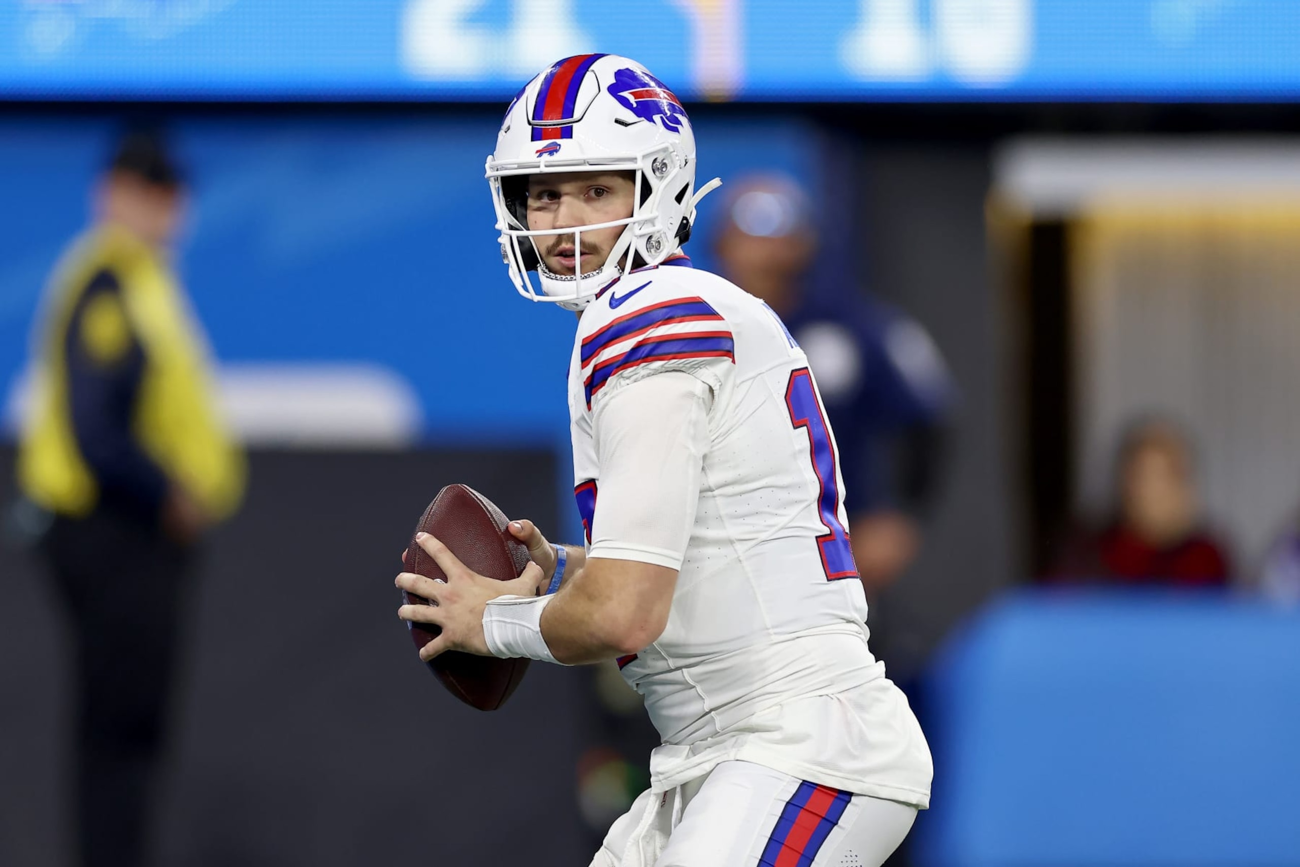 INGLEWOOD, CALIFORNIA - DECEMBER 23: Josh Allen #17 of the Buffalo Bills drops back to pass in the fourth quarter against the Los Angeles Chargers at SoFi Stadium on December 23, 2023 in Inglewood, California. (Photo by Katelyn Mulcahy/Getty Images)