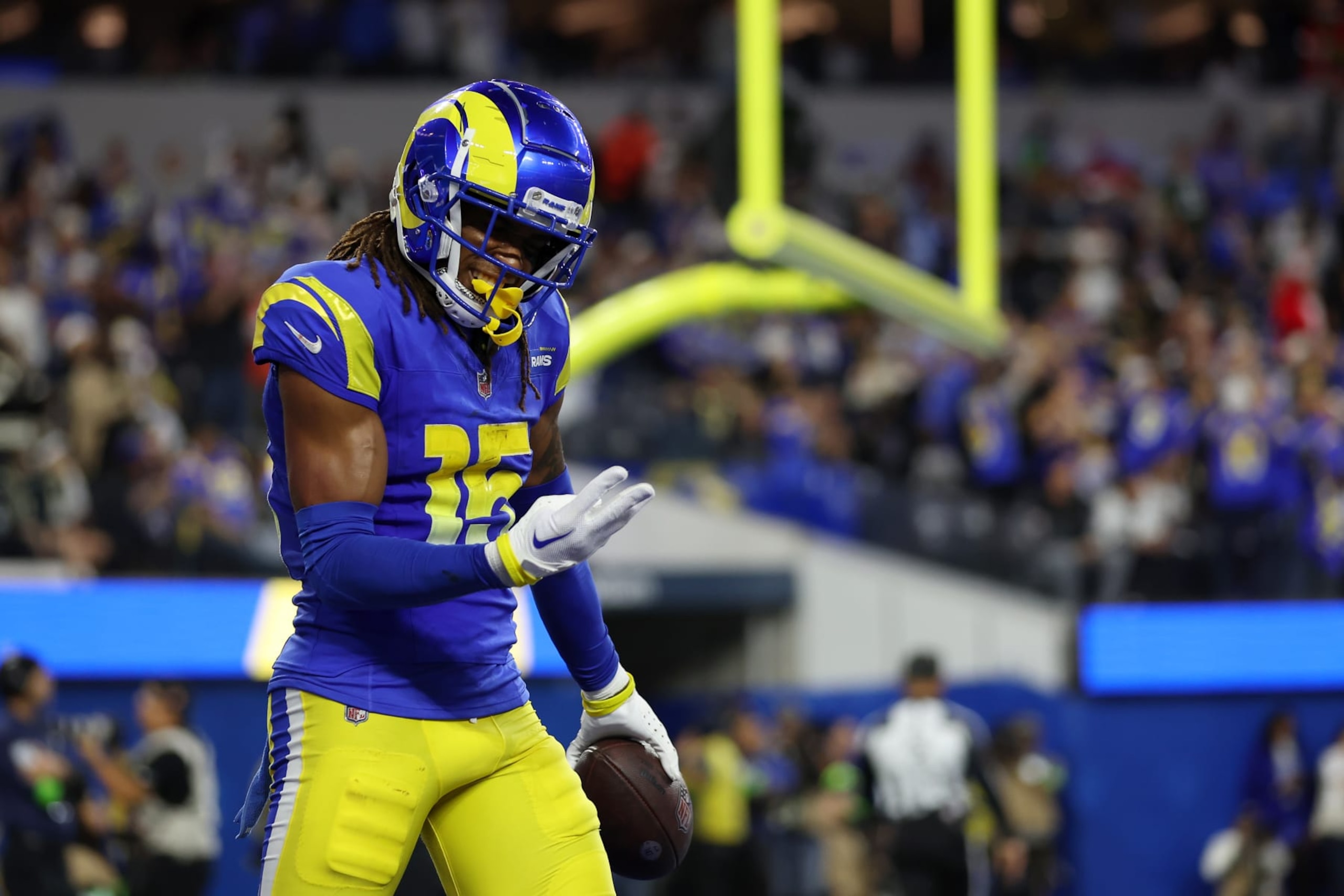 INGLEWOOD, CALIFORNIA - DECEMBER 21: Demarcus Robinson #15 of the Los Angeles Rams celebrates a touchdown during the third quarter against the New Orleans Saints at SoFi Stadium on December 21, 2023 in Inglewood, California. (Photo by Katelyn Mulcahy/Getty Images)