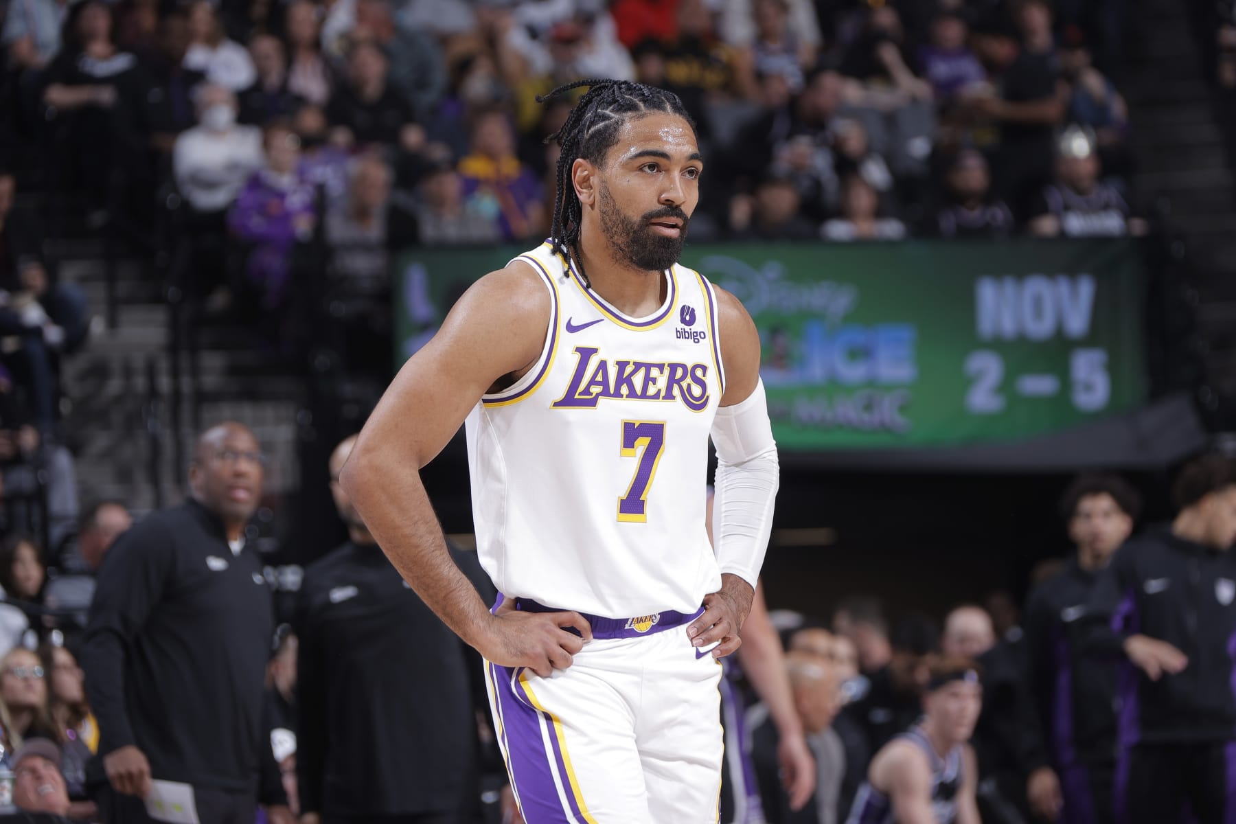SACRAMENTO, CA - OCTOBER 29: Gabe Vincent #7 of the Los Angeles Lakers looks on during the game against the Sacramento Kings on October 29, 2023 at Golden 1 Center in Sacramento, California. NOTE TO USER: User expressly acknowledges and agrees that, by downloading and or using this photograph, User is consenting to the terms and conditions of the Getty Images Agreement. Mandatory Copyright Notice: Copyright 2023 NBAE (Photo by Rocky Widner/NBAE via Getty Images)