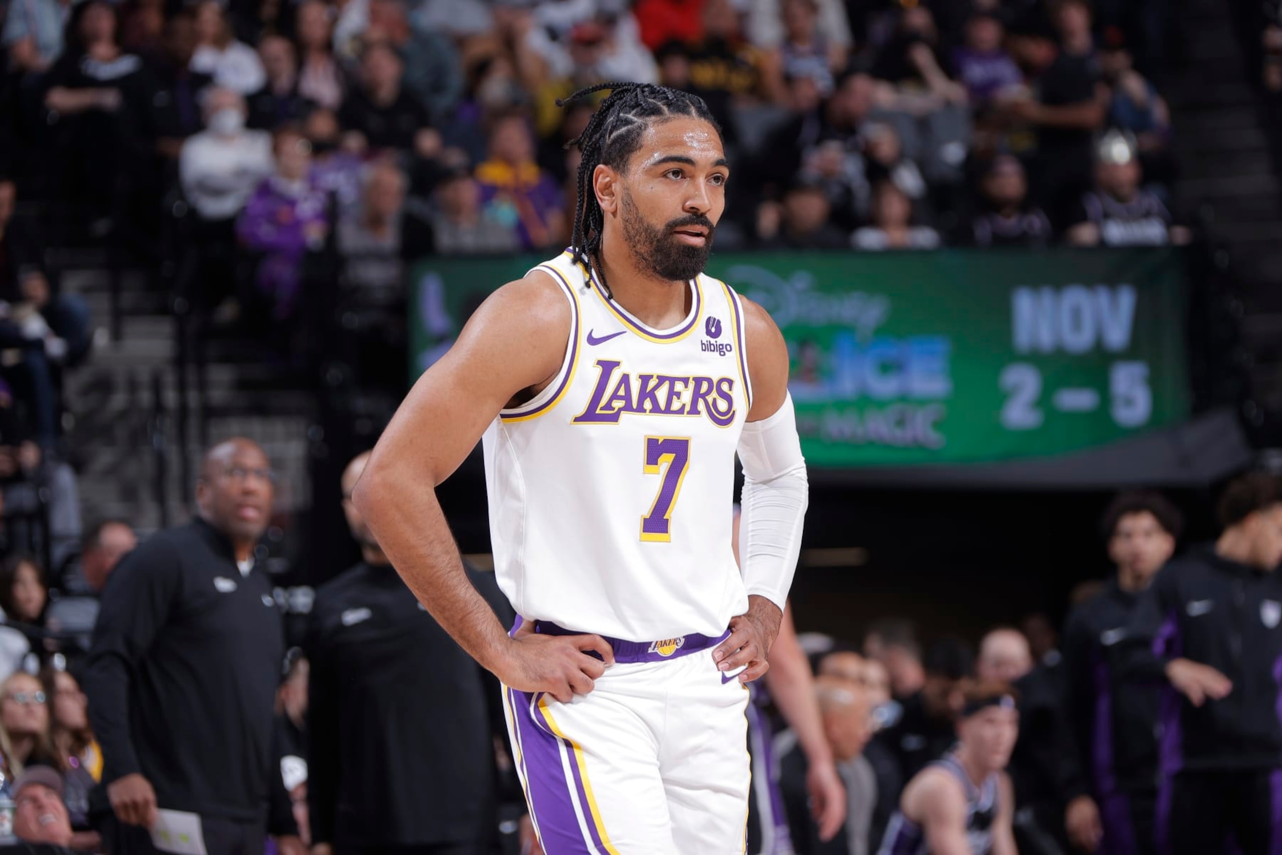SACRAMENTO, CA - OCTOBER 29: Gabe Vincent #7 of the Los Angeles Lakers looks on during the game against the Sacramento Kings on October 29, 2023 at Golden 1 Center in Sacramento, California. NOTE TO USER: User expressly acknowledges and agrees that, by downloading and or using this photograph, User is consenting to the terms and conditions of the Getty Images Agreement. Mandatory Copyright Notice: Copyright 2023 NBAE (Photo by Rocky Widner/NBAE via Getty Images)