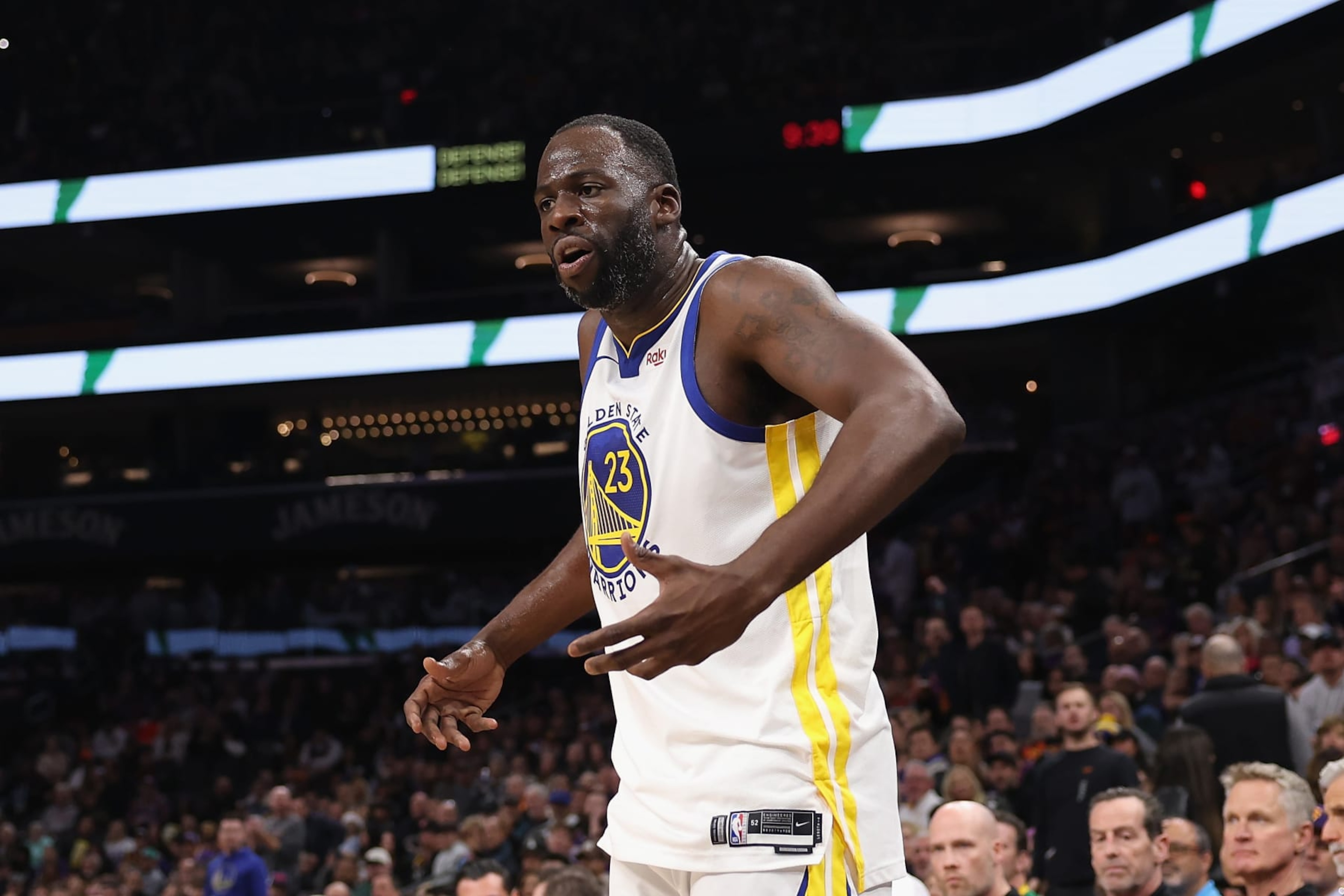 PHOENIX, ARIZONA - DECEMBER 12: Draymond Green #23 of the Golden State Warriors reacts after being ejected for a flagrant foul during the second half of the NBA game against the Phoenix Suns at Footprint Center on December 12, 2023 in Phoenix, Arizona. The Suns defeated the Warriors 119-116. NOTE TO USER: User expressly acknowledges and agrees that, by downloading and or using this photograph, User is consenting to the terms and conditions of the Getty Images License Agreement. (Photo by Christian Petersen/Getty Images) PHOENIX, ARIZONA - DECEMBER 12: Draymond Green #23 of the Golden State Warriors reacts after being ejected for a flagrant foul during the second half of the NBA game against the Phoenix Suns at Footprint Center on December 12, 2023 in Phoenix, Arizona. The Suns defeated the Warriors 119-116. NOTE TO USER: User expressly acknowledges and agrees that, by downloading and or using this photograph, User is consenting to the terms and conditions of the Getty Images License Agreement. (Photo by Christian Petersen/Getty Images)