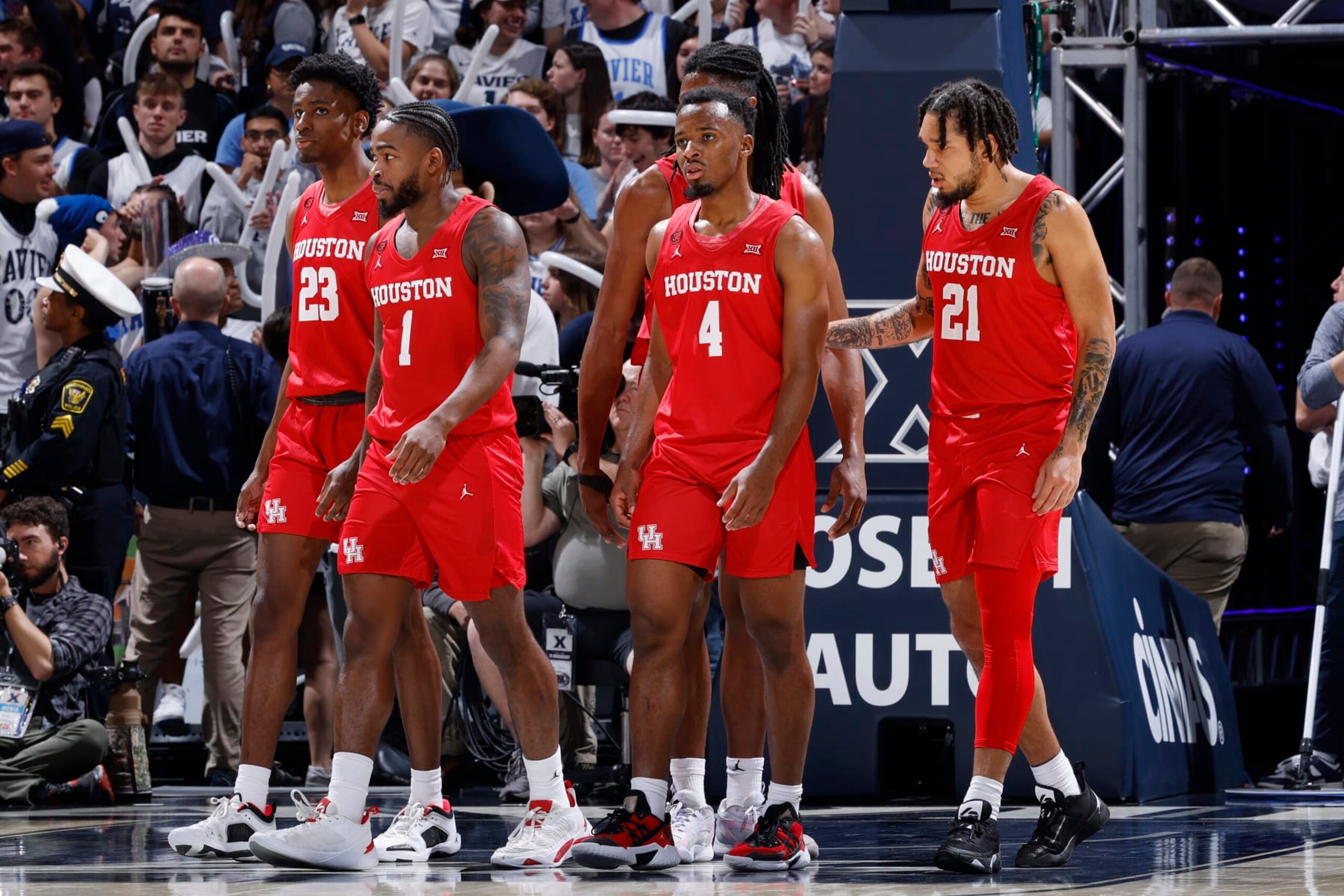 CINCINNATI, OH - DECEMBER 01: Houston Cougars guard Terrance Arceneaux (23), guard Jamal Shead (1), guard LJ Cryer (4) and guard Emanuel Sharp (21) take the floor during a college basketball game against the Xavier Musketeers on Dec. 1, 2023 at Cintas Center in Cincinnati, Ohio. (Photo by Joe Robbins/Icon Sportswire via Getty Images)