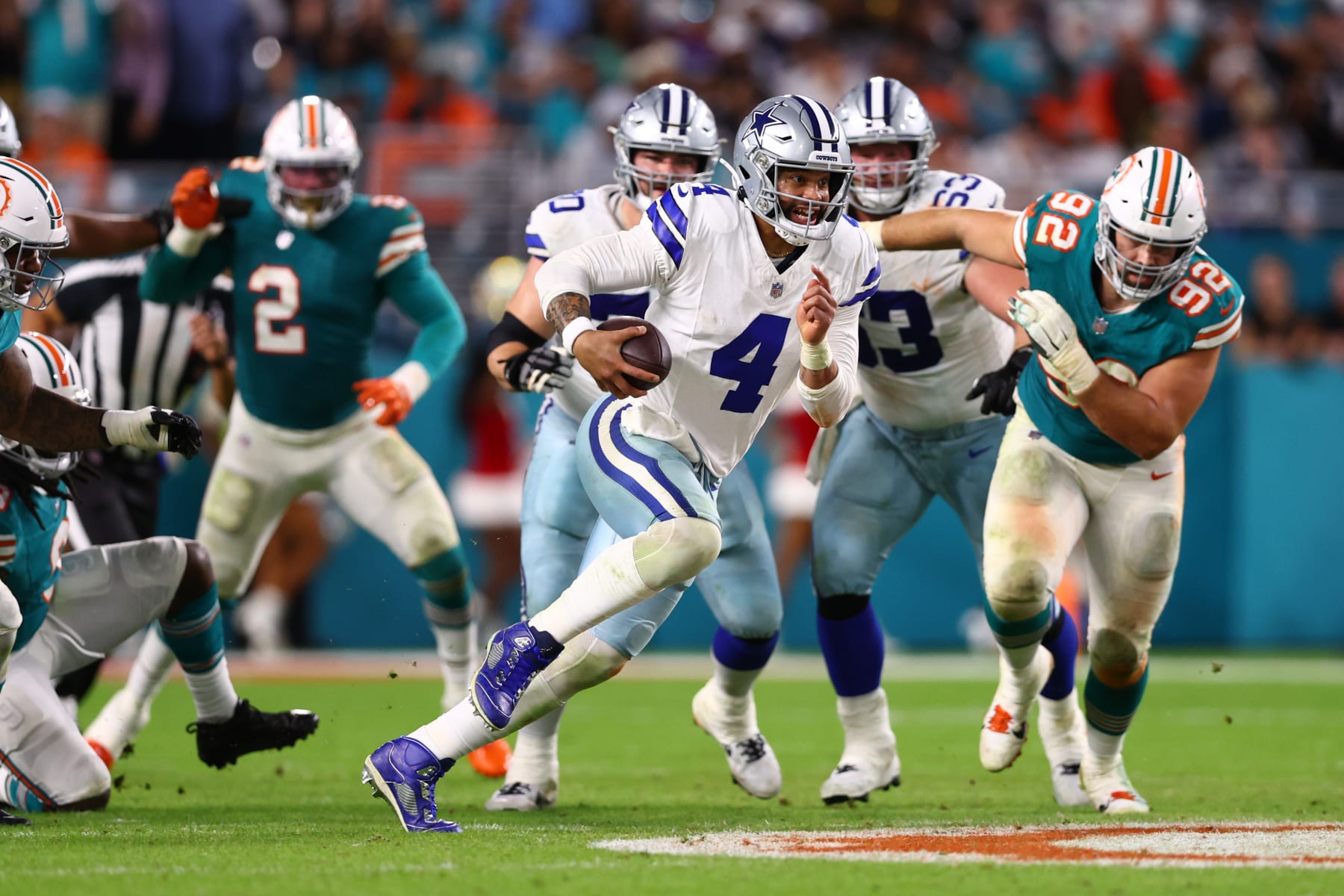 MIAMI GARDENS, FLORIDA - DECEMBER 24: Dak Prescott #4 of the Dallas Cowboys runs the ball during the fourth quarter in the game against the Miami Dolphins at Hard Rock Stadium on December 24, 2023 in Miami Gardens, Florida. (Photo by Megan Briggs/Getty Images)