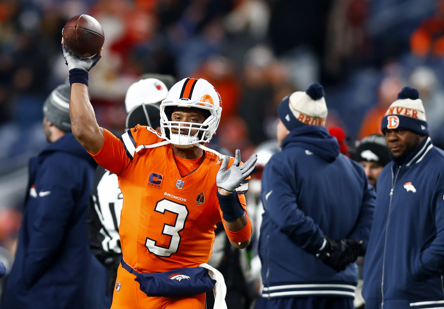 DENVER, COLORADO - DECEMBER 24:  Quarterback Russell Wilson #3 of the Denver Broncos warms up prior to the game against the New England Patriots at Empower Field At Mile High on December 24, 2023 in Denver, Colorado. (Photo by Justin Edmonds/Getty Images)