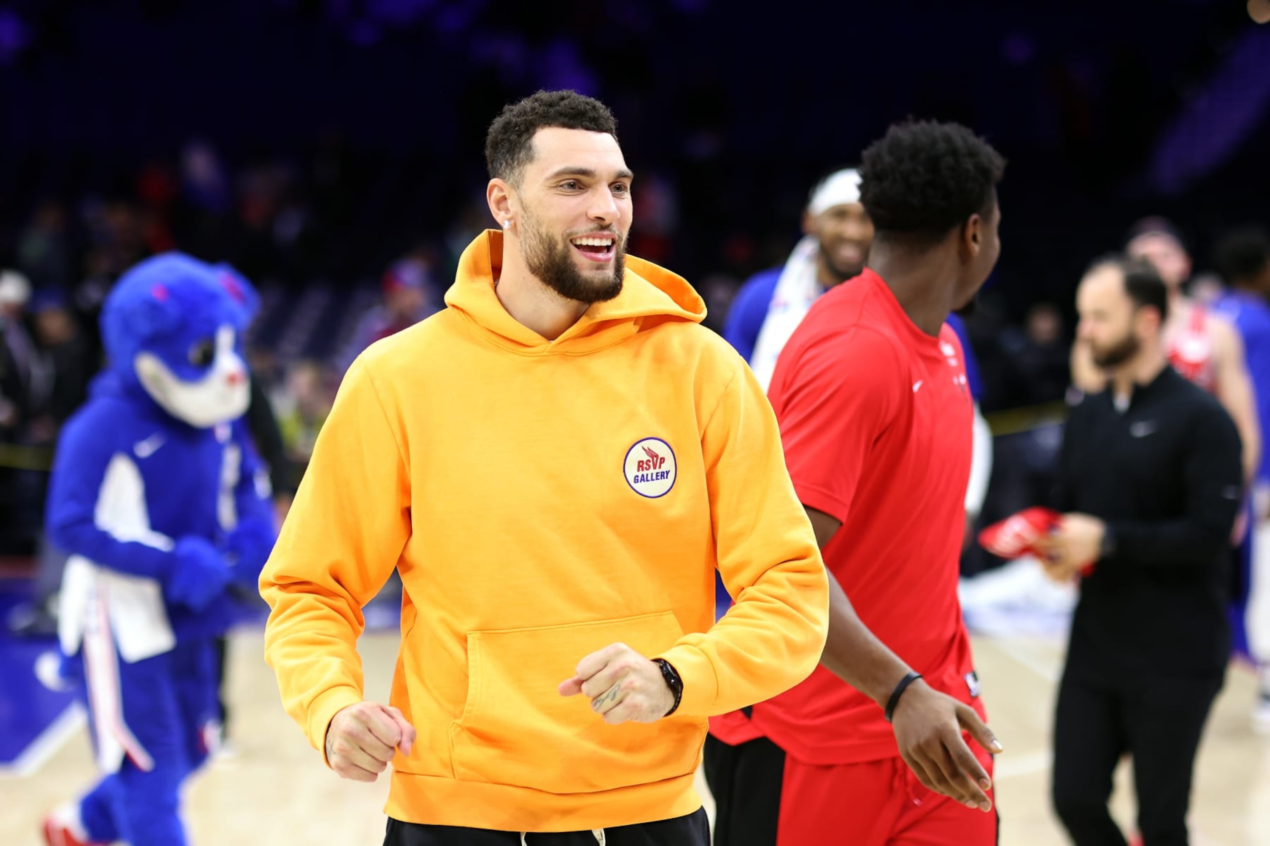 PHILADELPHIA, PENNSYLVANIA - DECEMBER 18: Zach LaVine #8 of the Chicago Bulls reacts after the Chicago Bulls defeat the Philadelphia 76ers at the Wells Fargo Center on December 18, 2023 in Philadelphia, Pennsylvania. NOTE TO USER: User expressly acknowledges and agrees that, by downloading and or using this photograph, User is consenting to the terms and conditions of the Getty Images License Agreement. (Photo by Tim Nwachukwu/Getty Images)