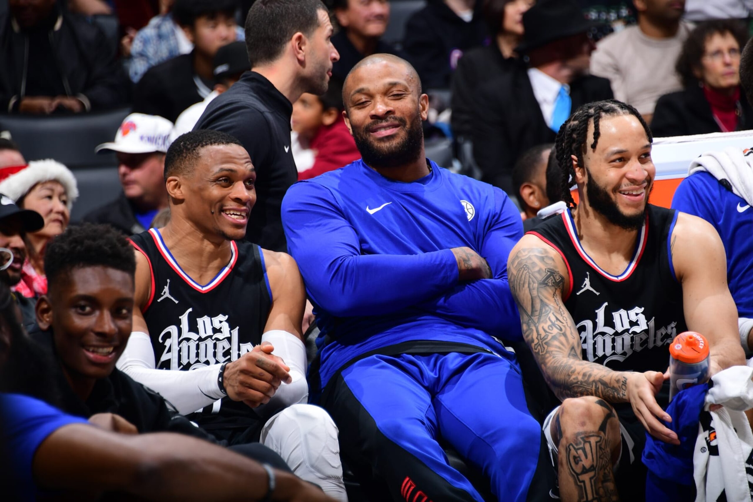 LOS ANGELES, CA - DECEMBER 16: Russell Westbrook #0 and PJ Tucker #17 of the LA Clippers talk during the game against the New York Knicks on December 16, 2023 at Crypto.Com Arena in Los Angeles, California. NOTE TO USER: User expressly acknowledges and agrees that, by downloading and/or using this Photograph, user is consenting to the terms and conditions of the Getty Images License Agreement. Mandatory Copyright Notice: Copyright 2023 NBAE (Photo by Adam Pantozzi/NBAE via Getty Images)