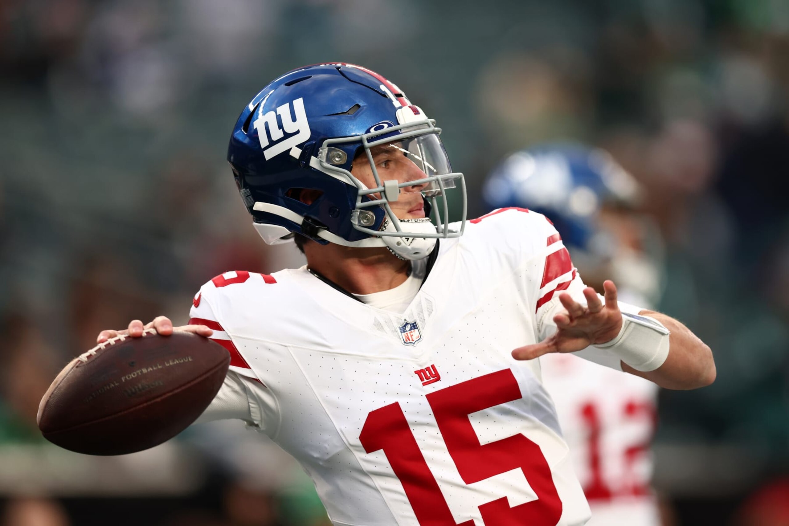 PHILADELPHIA, PENNSYLVANIA - DECEMBER 25: Tommy DeVito #15 of the New York Giants warms up prior to the game against the Philadelphia Eagles at Lincoln Financial Field on December 25, 2023 in Philadelphia, Pennsylvania. (Photo by Dustin Satloff/Getty Images)