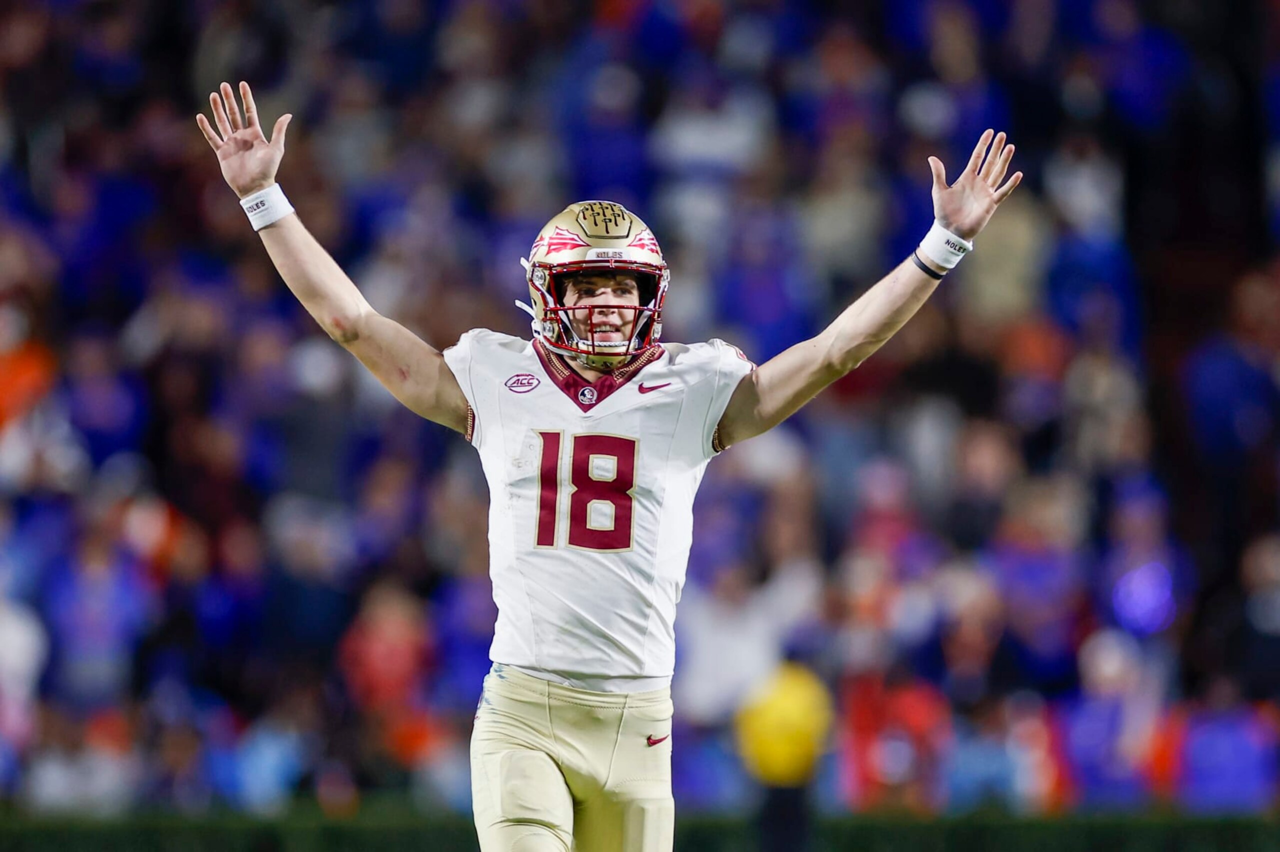 GAINESVILLE, FL - NOVEMBER 25: Florida State Seminoles quarterback Tate Rodemaker (18) reacts after a play during the game between the Florida Gators and the Florida State Seminoles on November 25, 2023 at Ben Hill Griffin Stadium at Florida Field in Gainesville, Fl. (Photo by David Rosenblum/Icon Sportswire via Getty Images)